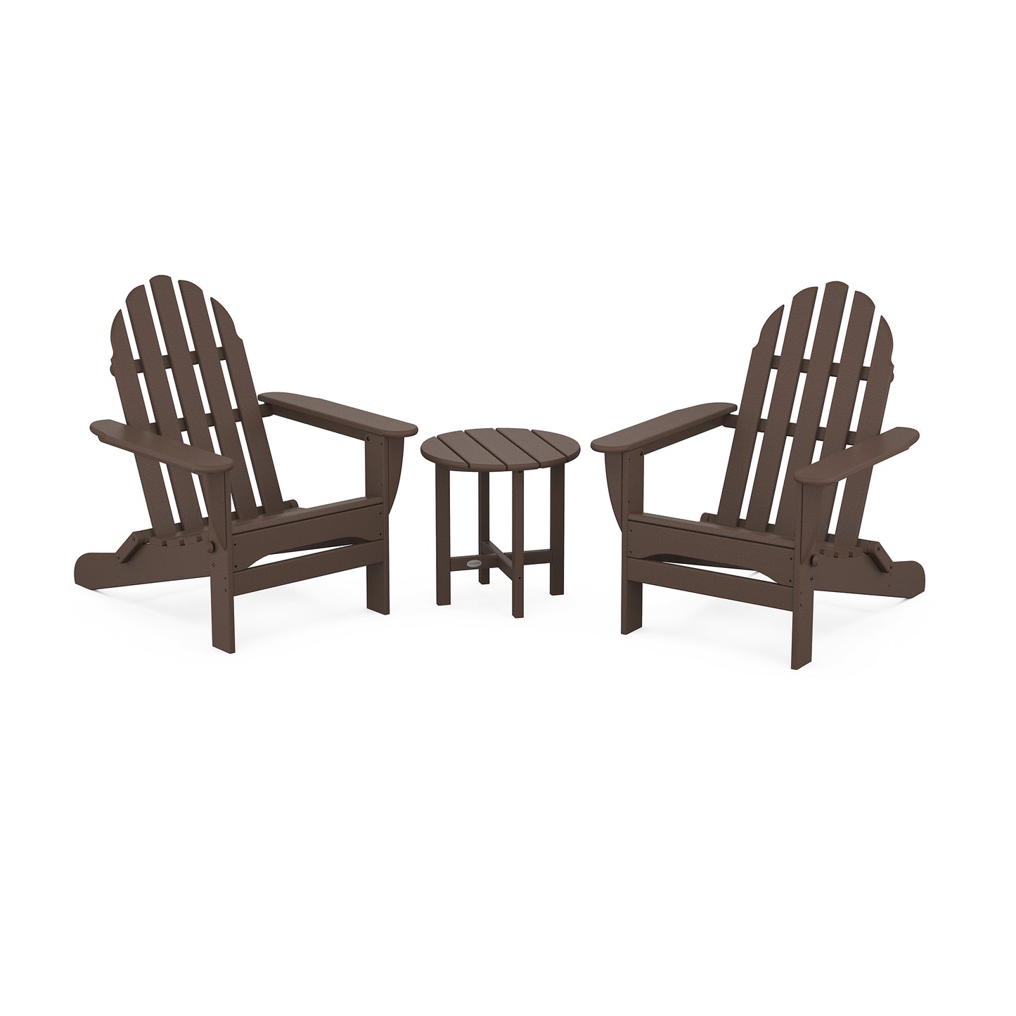 POLYWOOD Classic Folding Adirondack 3-Piece Set featuring two brown chairs and a sturdy round table crafted from durable POLYWOOD lumber.