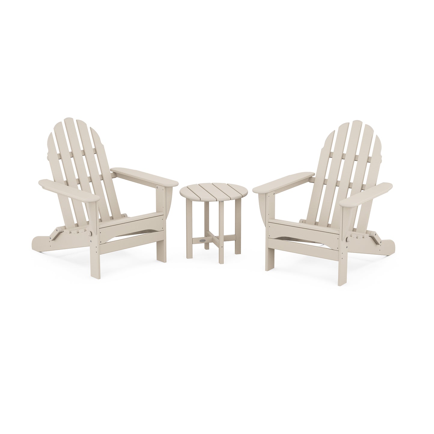 POLYWOOD Classic Folding Adirondack 3-Piece Set featuring two beige chairs with wide armrests and a matching table.