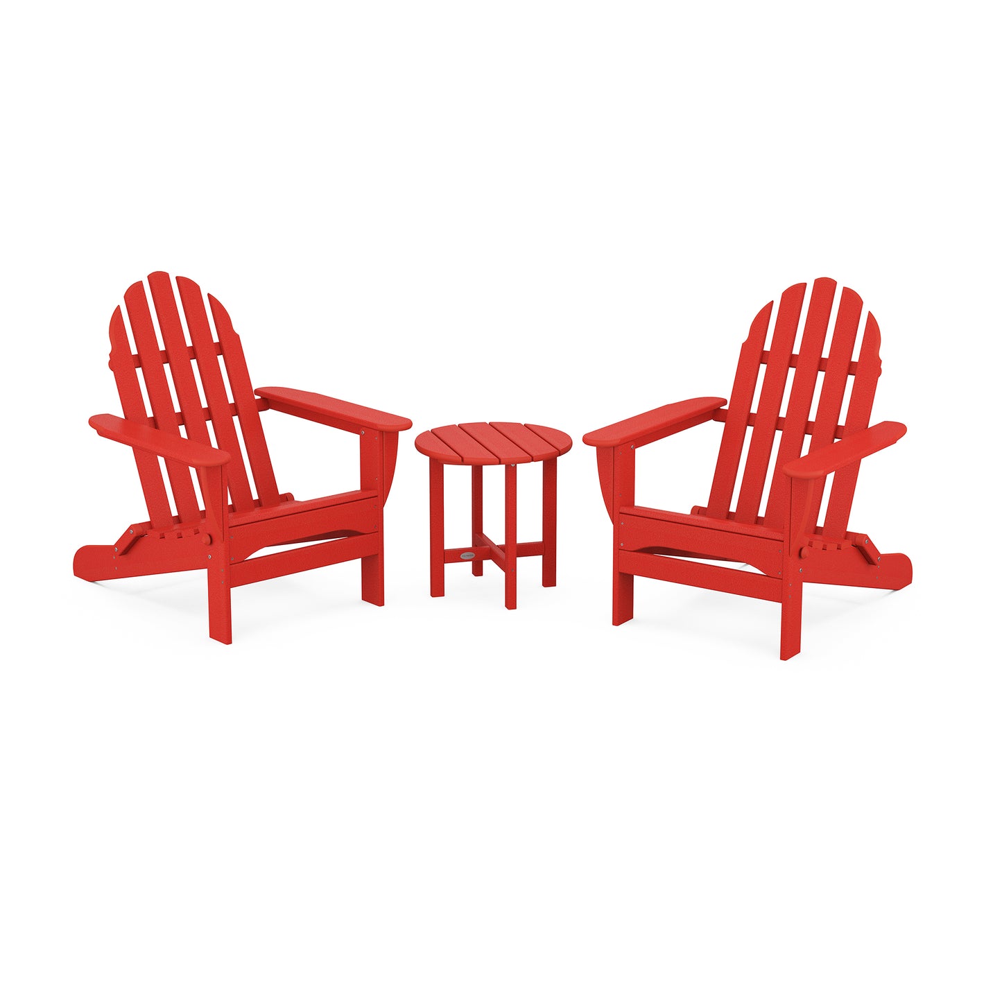 Two red POLYWOOD Classic Folding Adirondack 3-Piece Sets face each other with a small round table between them, set against a plain white background.