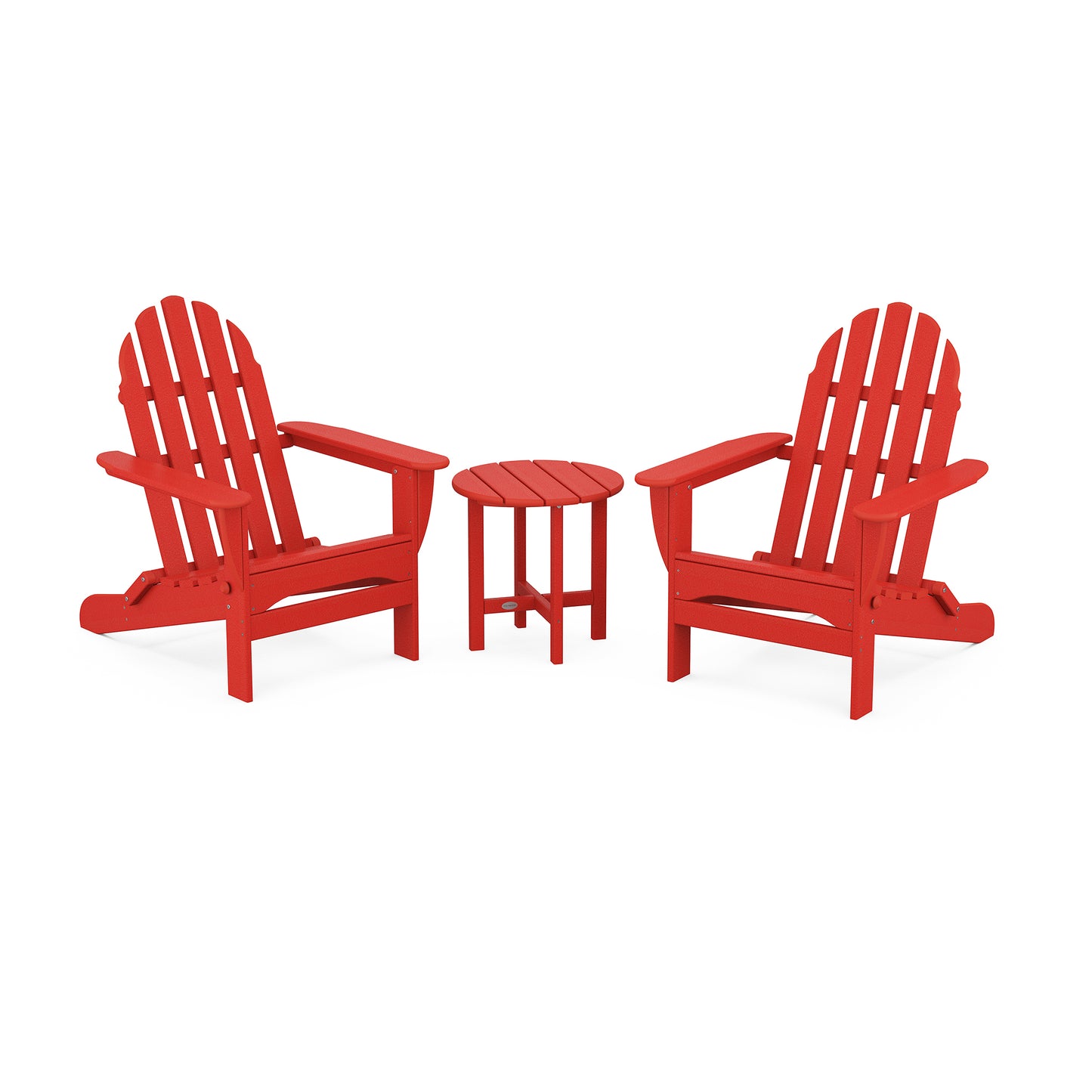 Red POLYWOOD Classic Folding Adirondack chairs paired with a matching side table, all crafted from durable POLYWOOD® lumber.