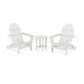 Two white POLYWOOD Classic Folding Adirondack 3-Piece Set chairs facing each other with a small round table between them, set against a plain white background.