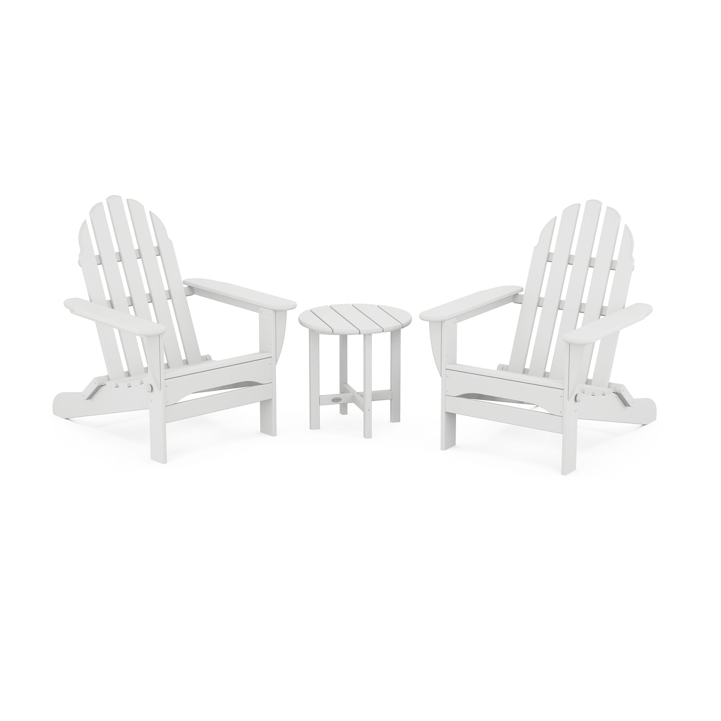 White POLYWOOD Classic Folding Adirondack chairs with a matching small round table made from durable lumber.