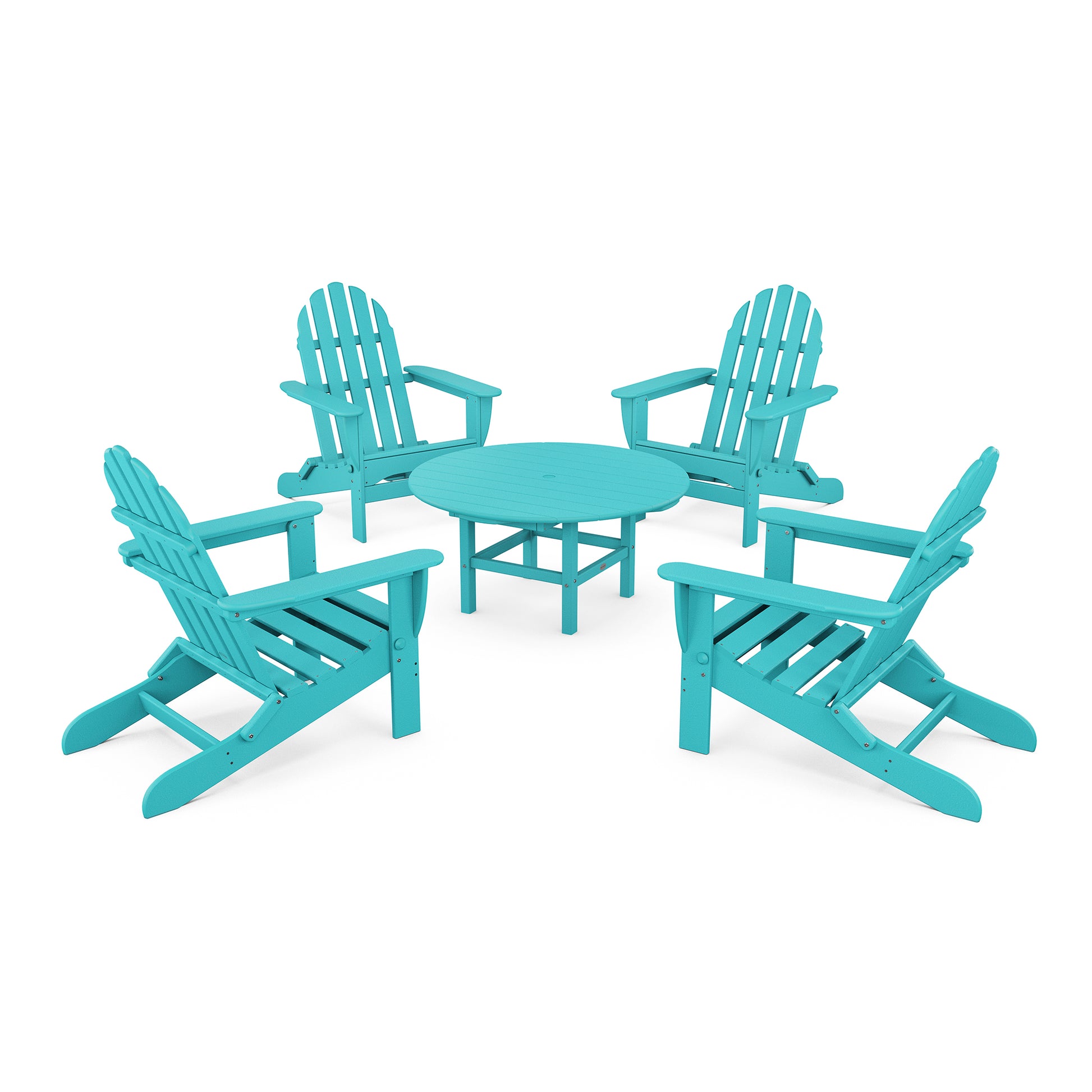 Four POLYWOOD Classic Folding Adirondack chairs in bright teal color positioned around a matching circular table, set against a plain white background. The furniture, designed as a classic conversation set, features a sl