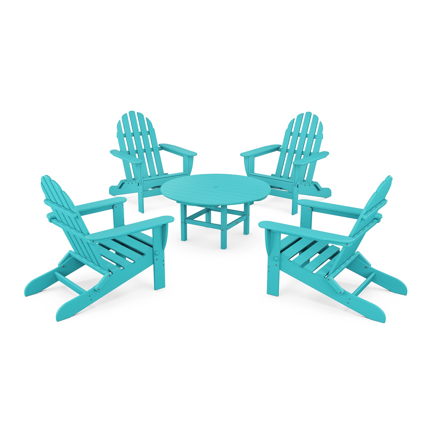 POLYWOOD Classic Folding Adirondack 5-Piece Conversation Group showcasing four chairs and a round table.