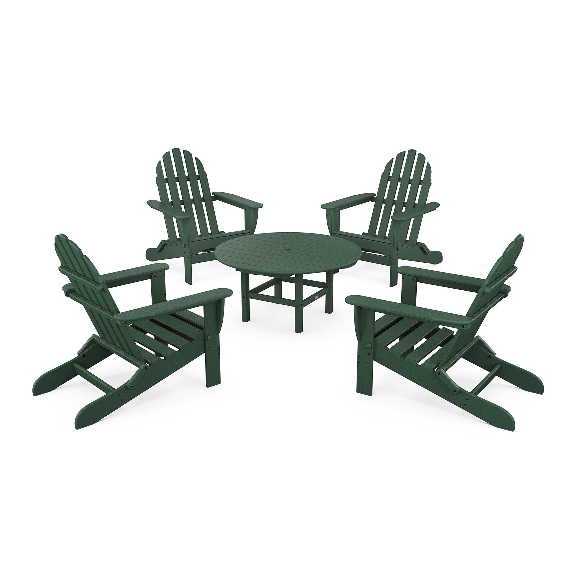 Four green POLYWOOD Classic Folding Adirondack chairs positioned around a matching circular table on a plain white background, depicting a casual outdoor conversation set.