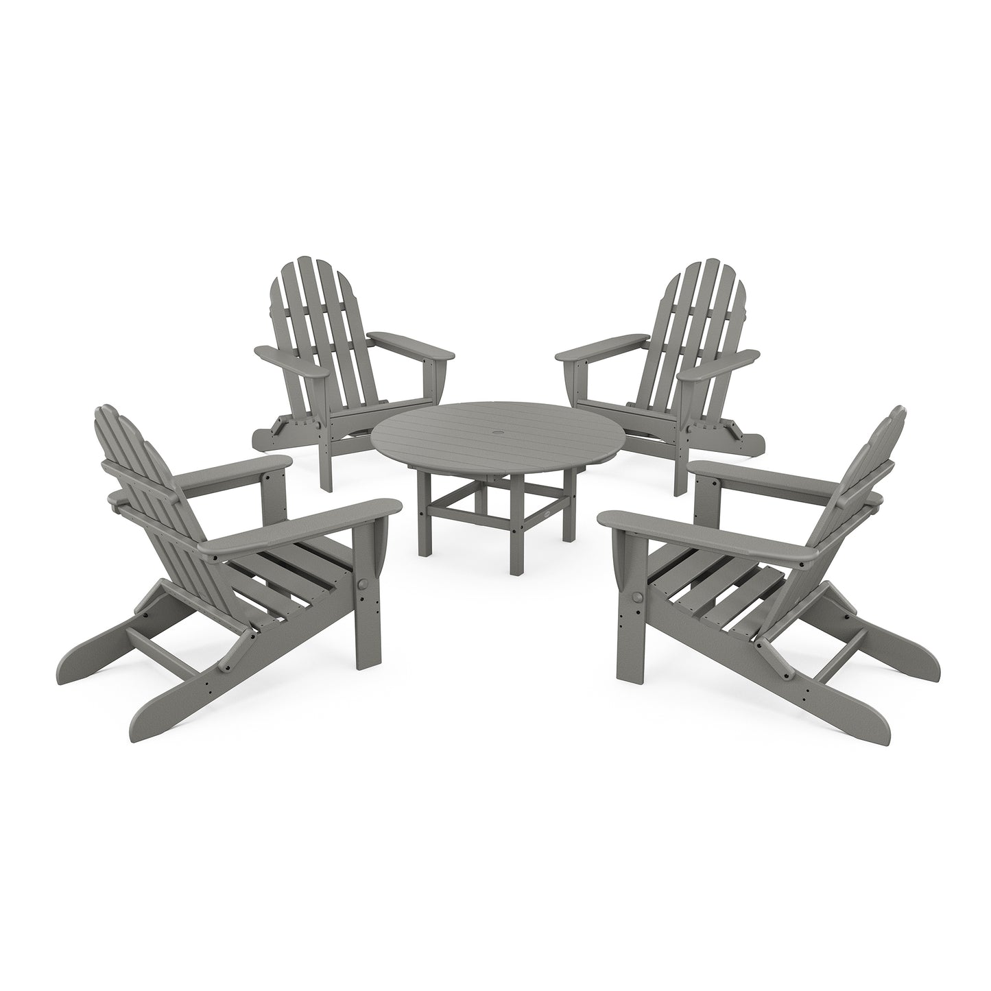 POLYWOOD Classic Folding Adirondack 5-Piece Set with four gray chairs and matching table crafted from recycled lumber.