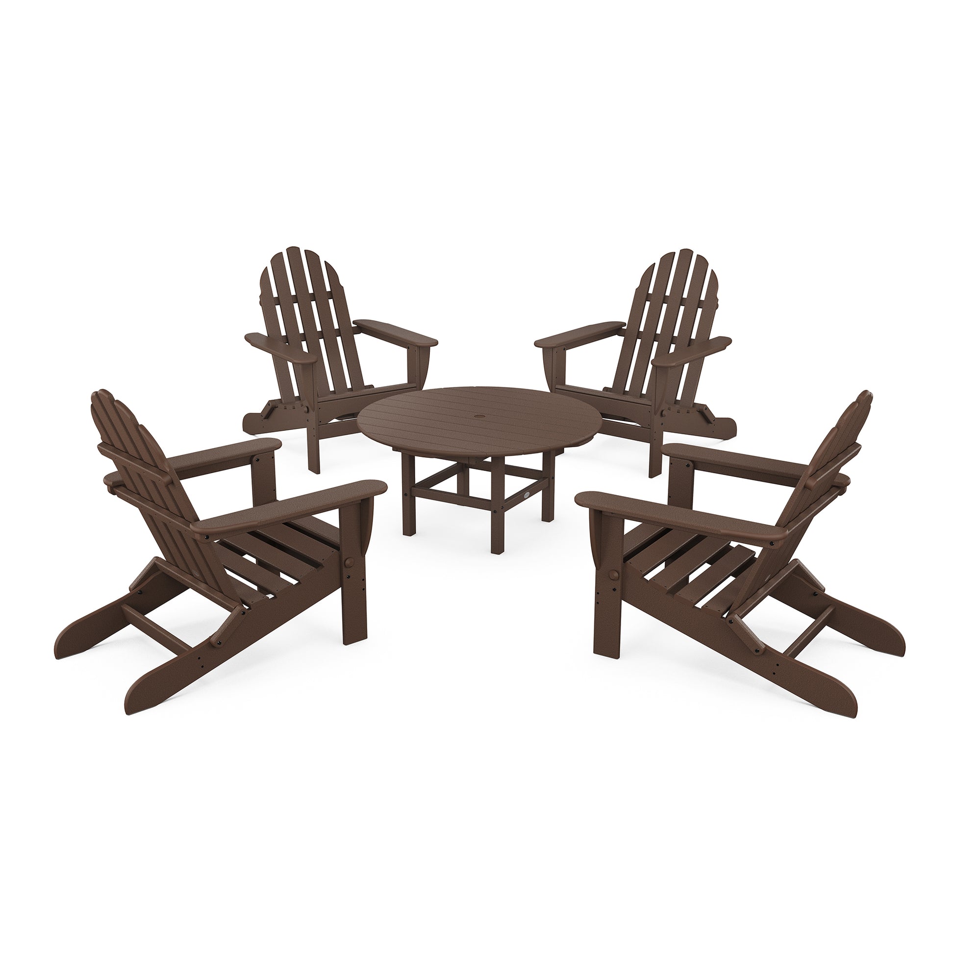 POLYWOOD Classic Folding Adirondack Conversation Set with four chairs and a round side table.