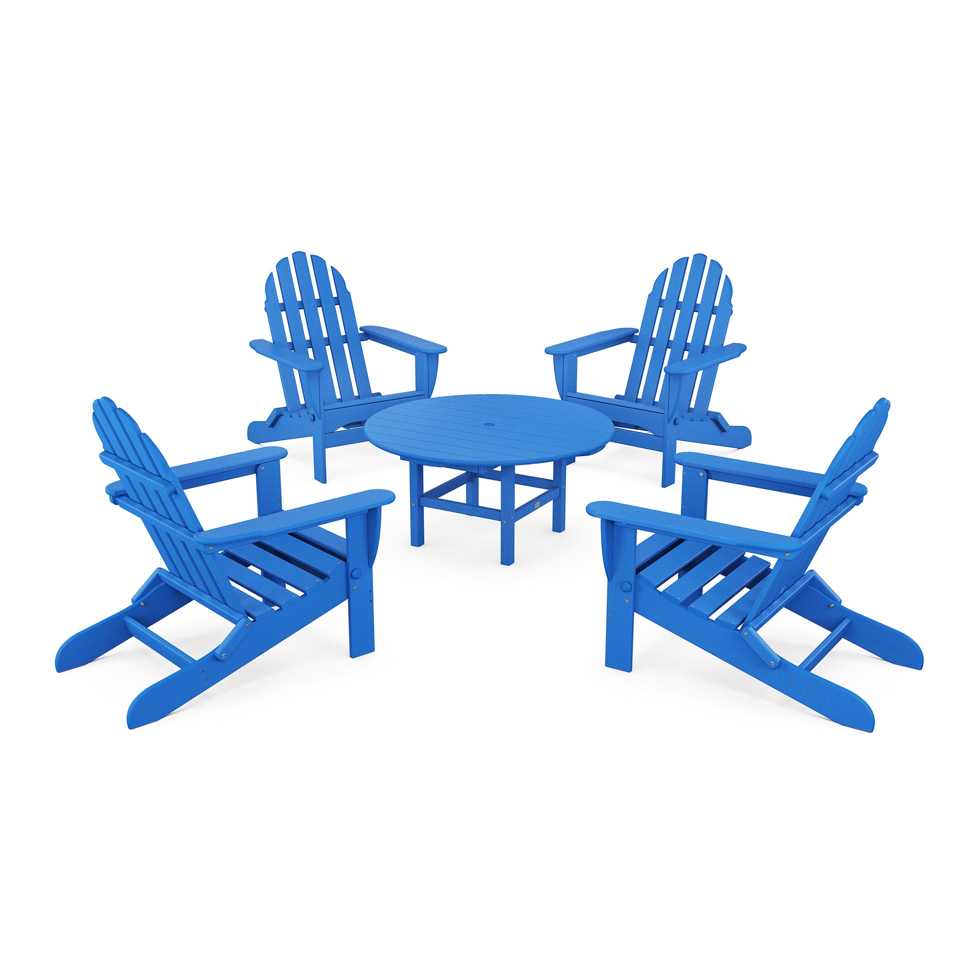 POLYWOOD Classic Folding Adirondack 5-Piece Set with four Adirondack chairs and a coordinating table.