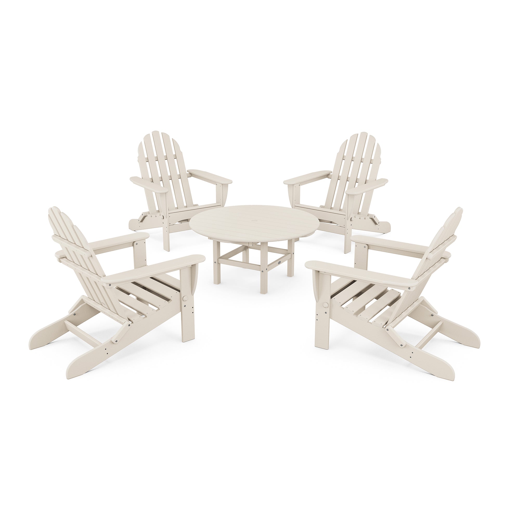 POLYWOOD Classic Folding Adirondack 5-Piece Furniture Set with 4 chairs and a round table made from recycled materials.