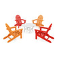 Four POLYWOOD Classic Folding Adirondack chairs in orange and red colors arranged around a small white round table on a white background.
