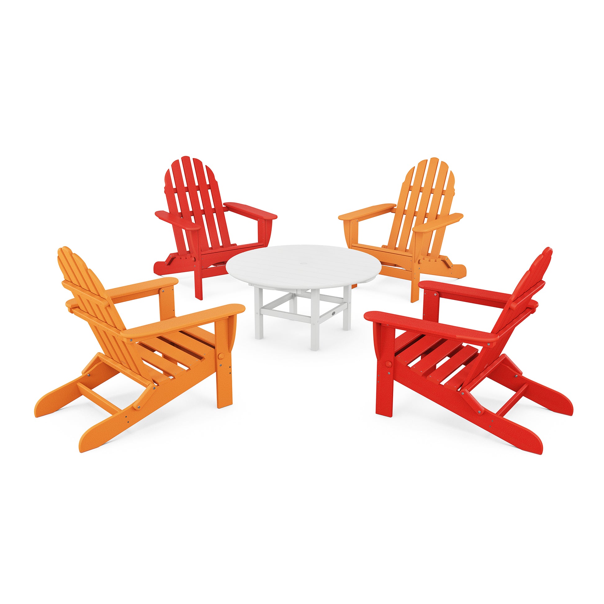 Four POLYWOOD Classic Folding Adirondack chairs in orange and red colors arranged around a small white round table on a white background.