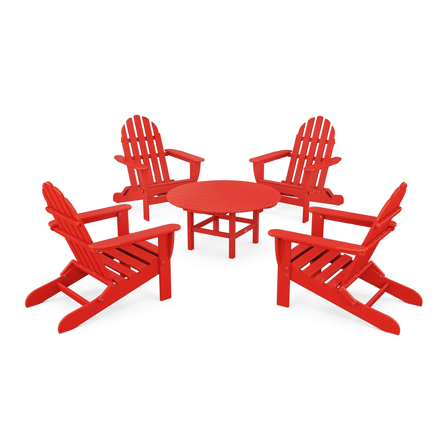 Four POLYWOOD Classic Adirondack chairs crafted from recycled lumber encircle a coordinating red coffee table.