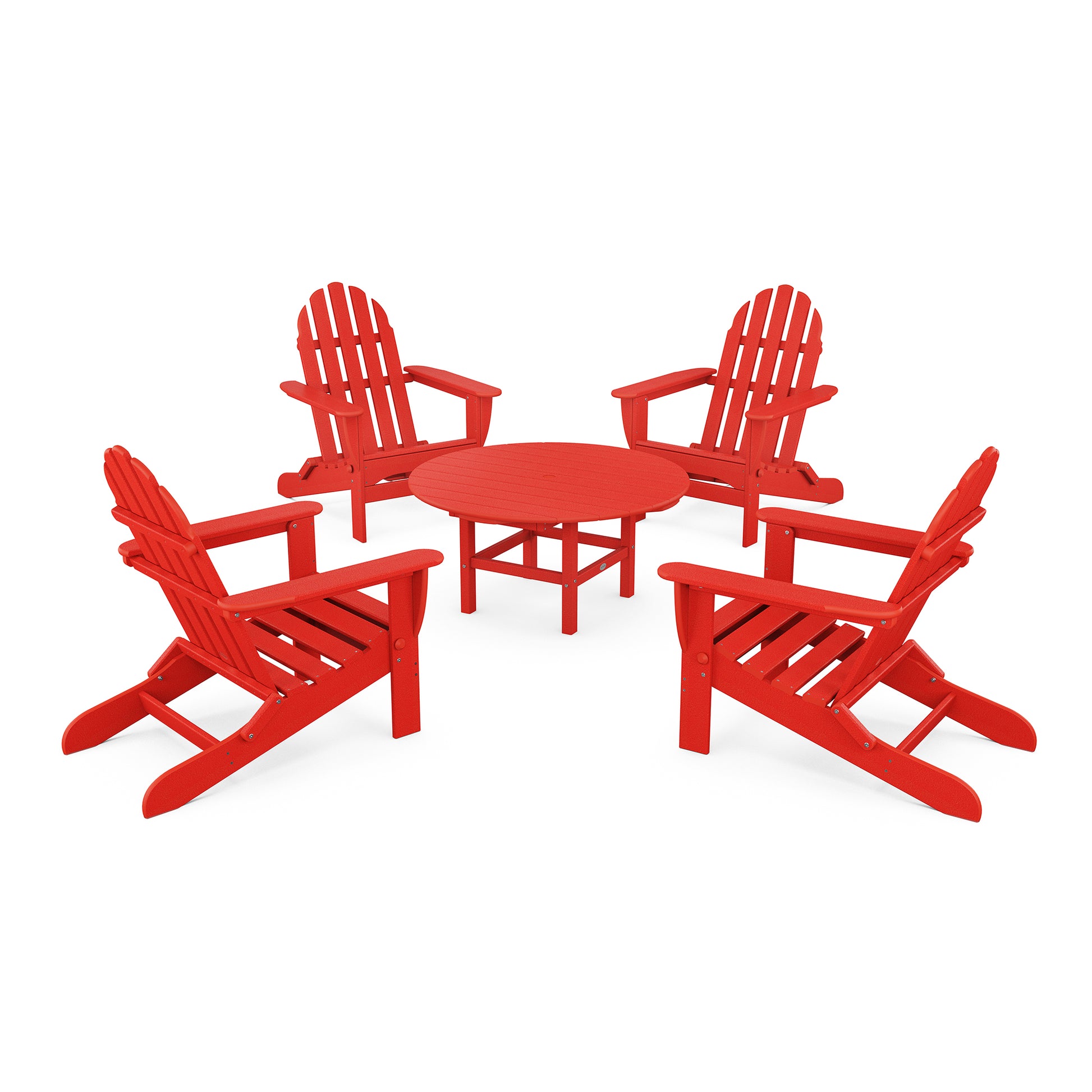 Four POLYWOOD Classic Adirondack chairs crafted from recycled lumber encircle a coordinating red coffee table.