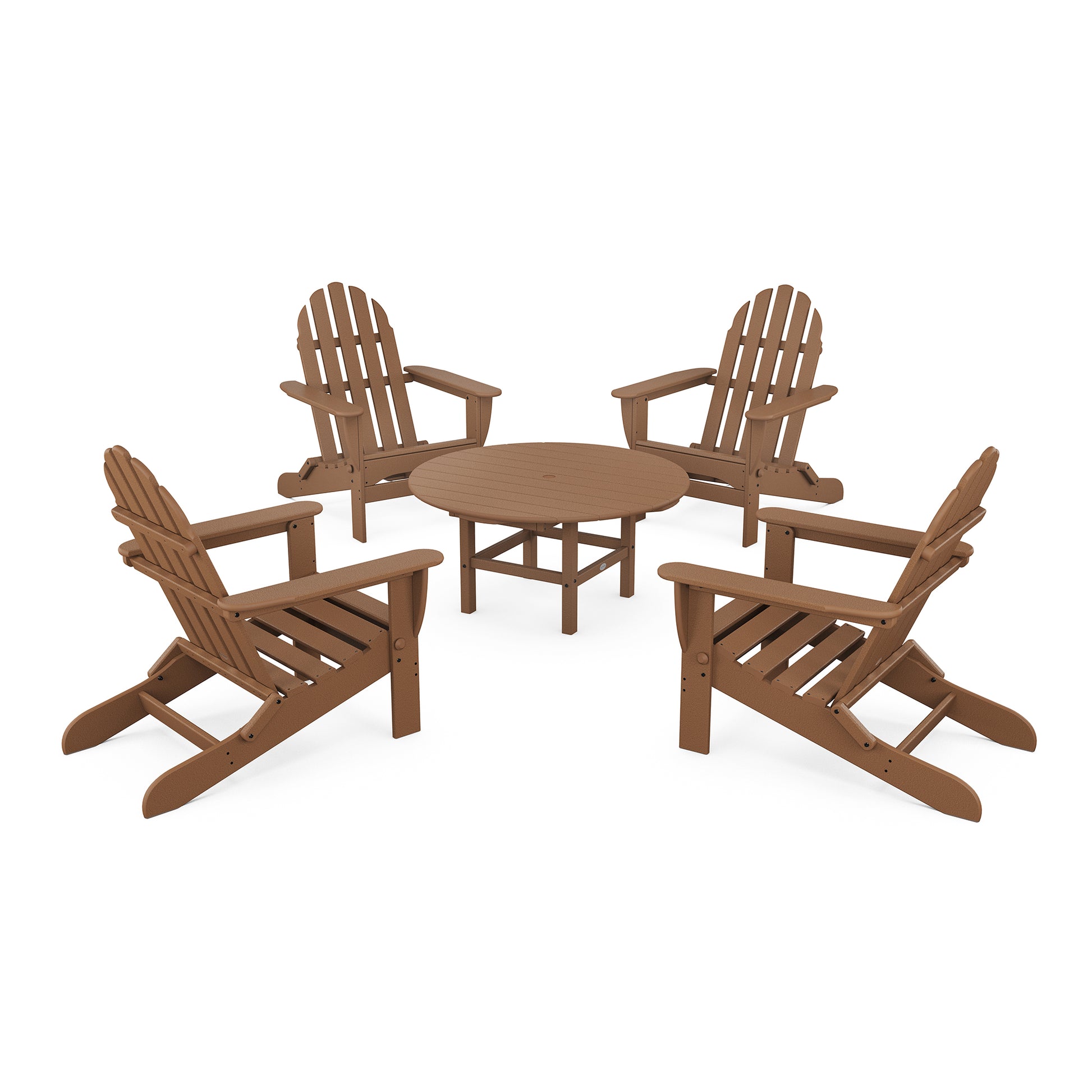Four brown POLYWOOD Classic Folding Adirondack chairs arranged around a small, round wooden table on a plain white background.