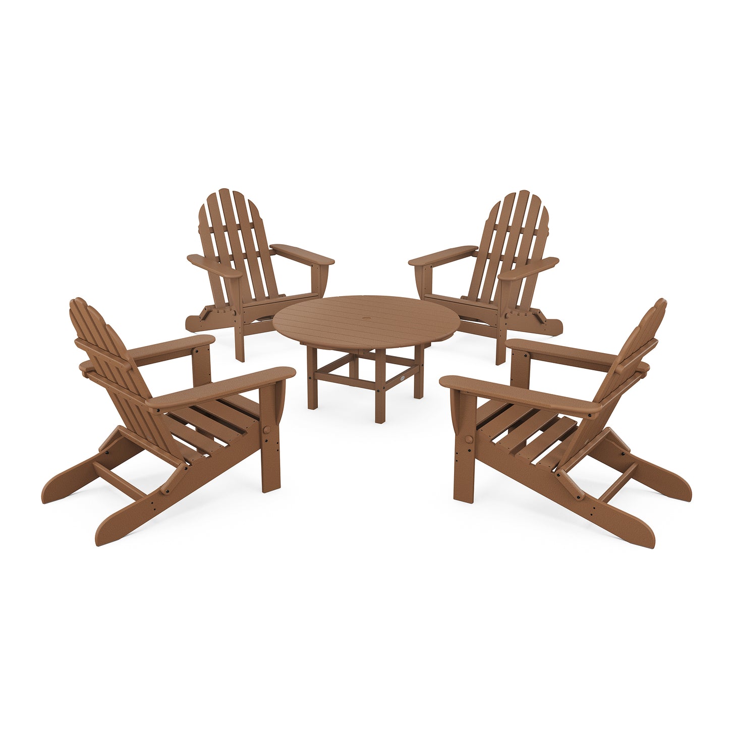 POLYWOOD Classic Folding Adirondack set featuring four recycled lumber chairs and a matching table.