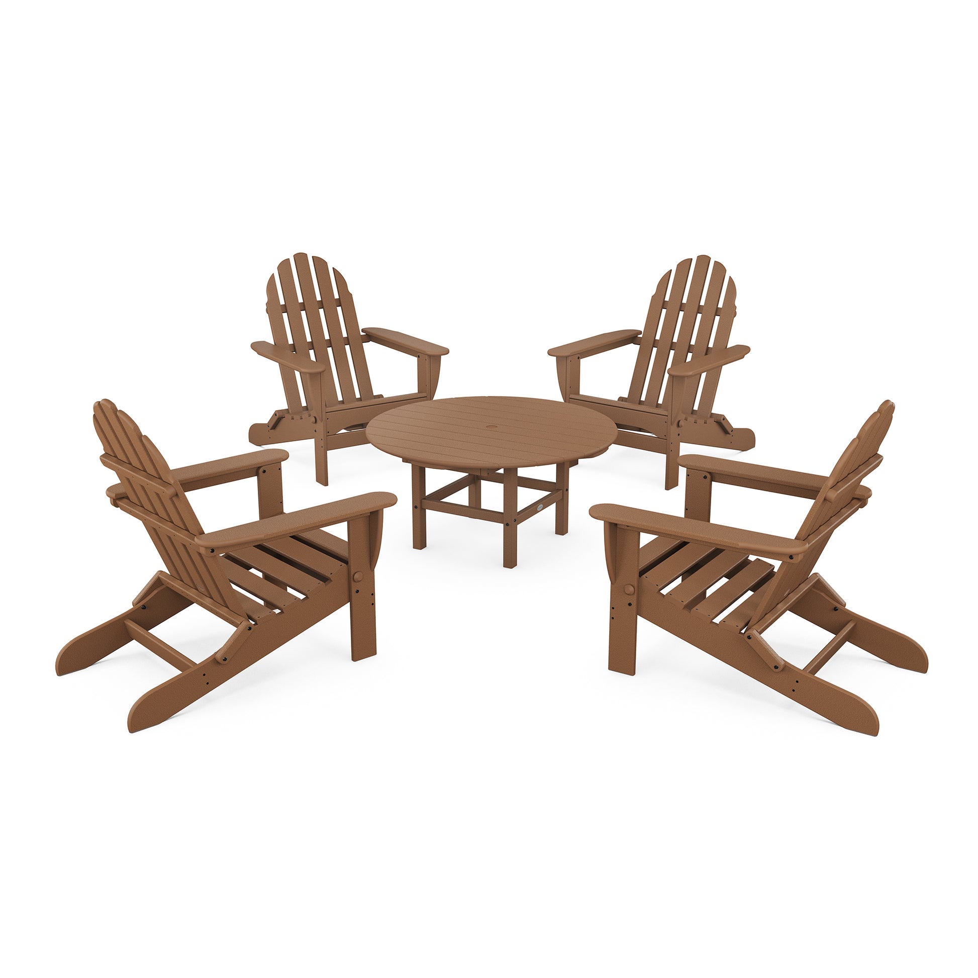POLYWOOD Classic Folding Adirondack set featuring four recycled lumber chairs and a matching table.