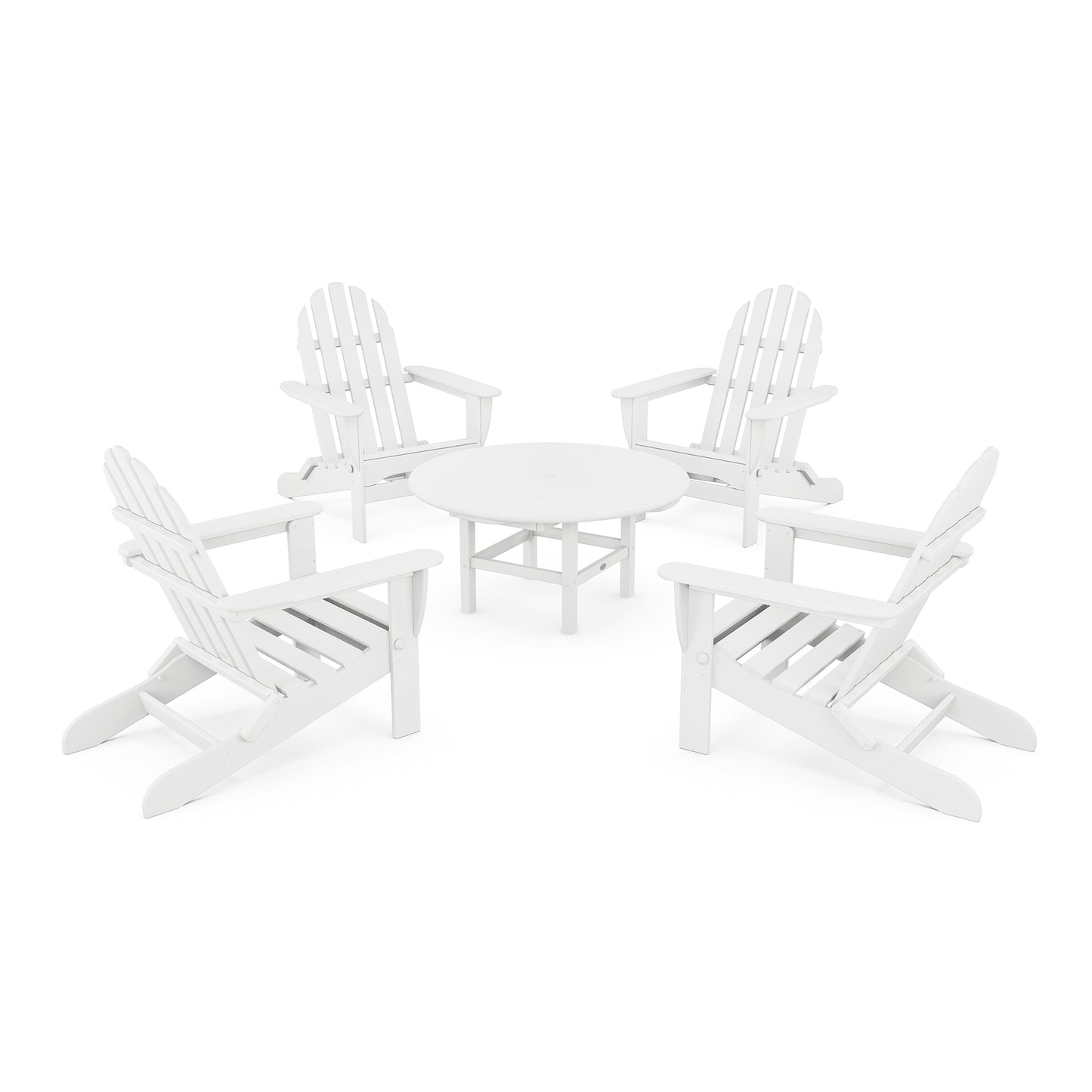 White POLYWOOD Classic Folding Adirondack furniture set featuring four chairs and a round table.
