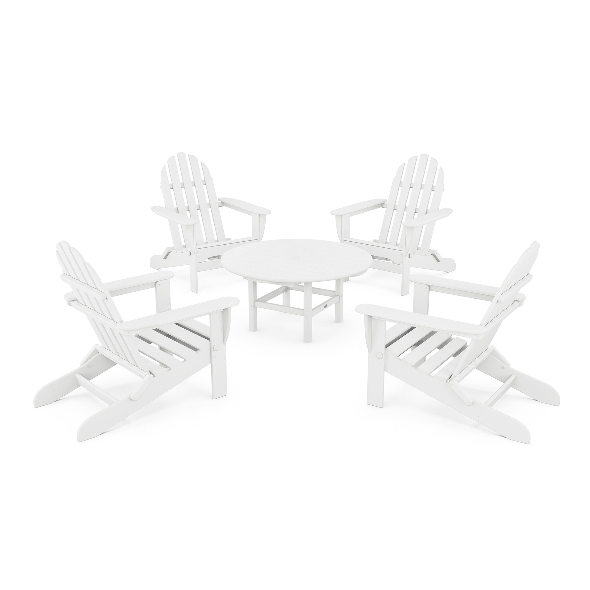 White POLYWOOD Classic Folding Adirondack furniture set featuring four chairs and a round table.