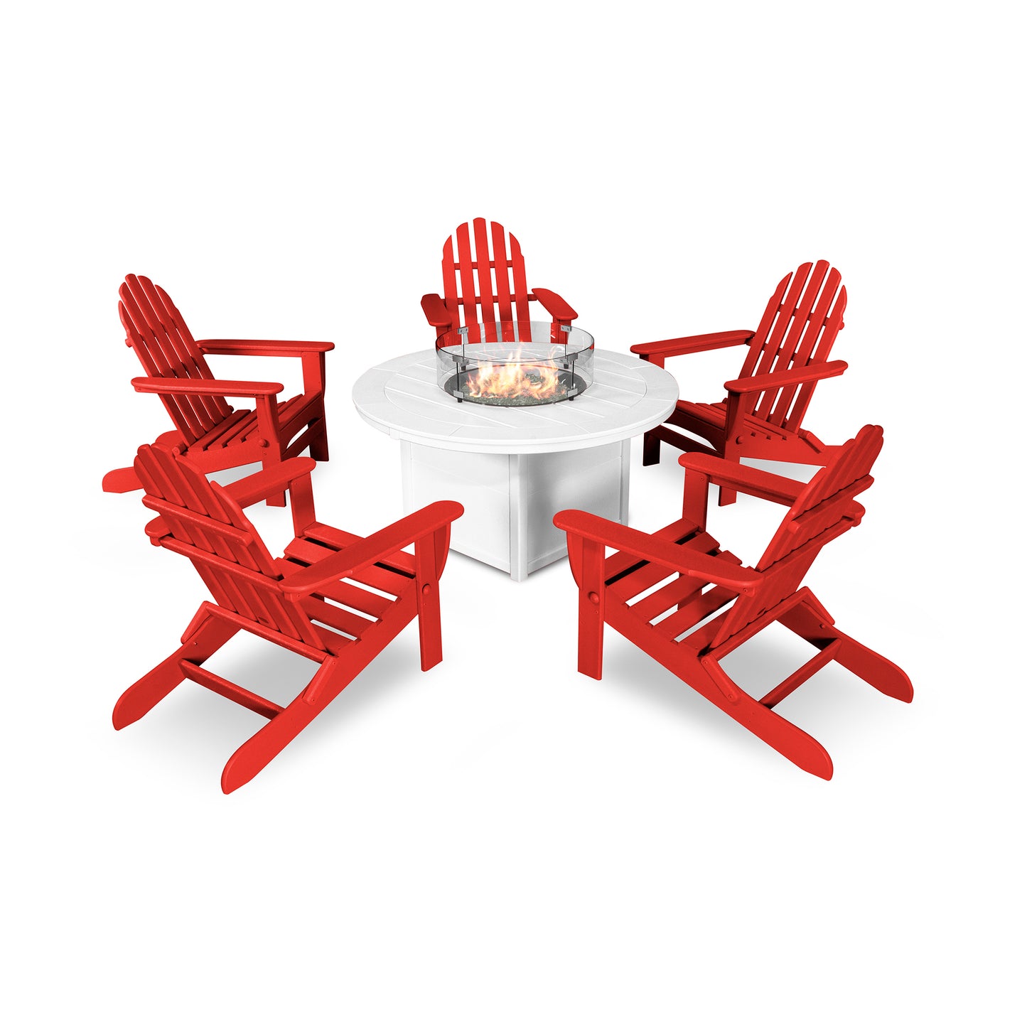 Four red POLYWOOD Classic Folding Adirondack chairs arranged around a white circular POLYWOOD fire pit table, set against a plain white background.