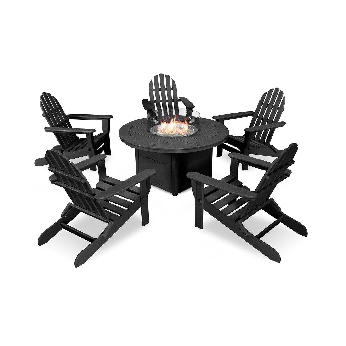 POLYWOOD 6-Piece Adirondack Set featuring comfortable chairs and a stylish fire pit table.