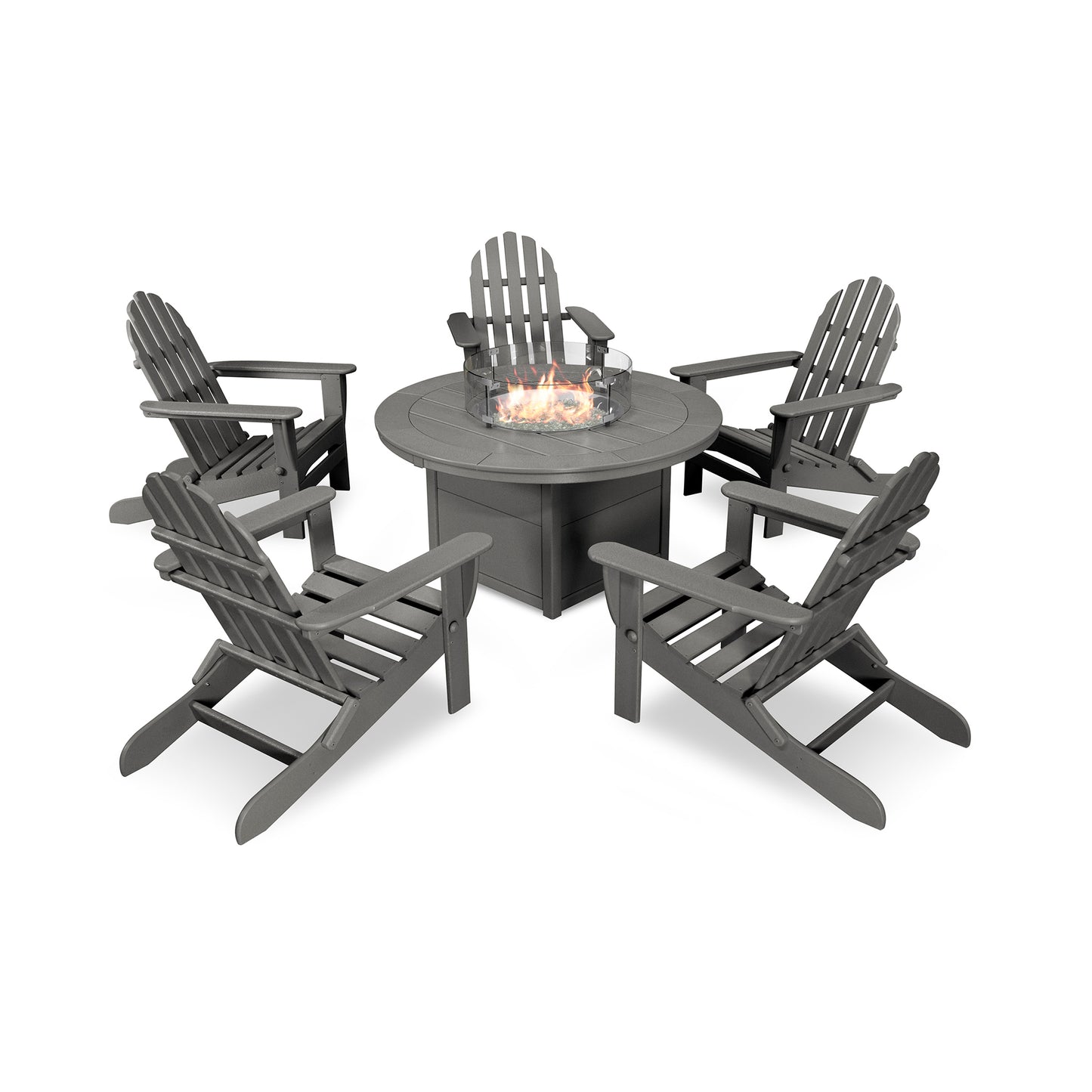 POLYWOOD Classic Folding Adirondack 6-Piece Set featuring durable and stylish Adirondack chairs paired with a matching fire pit table.