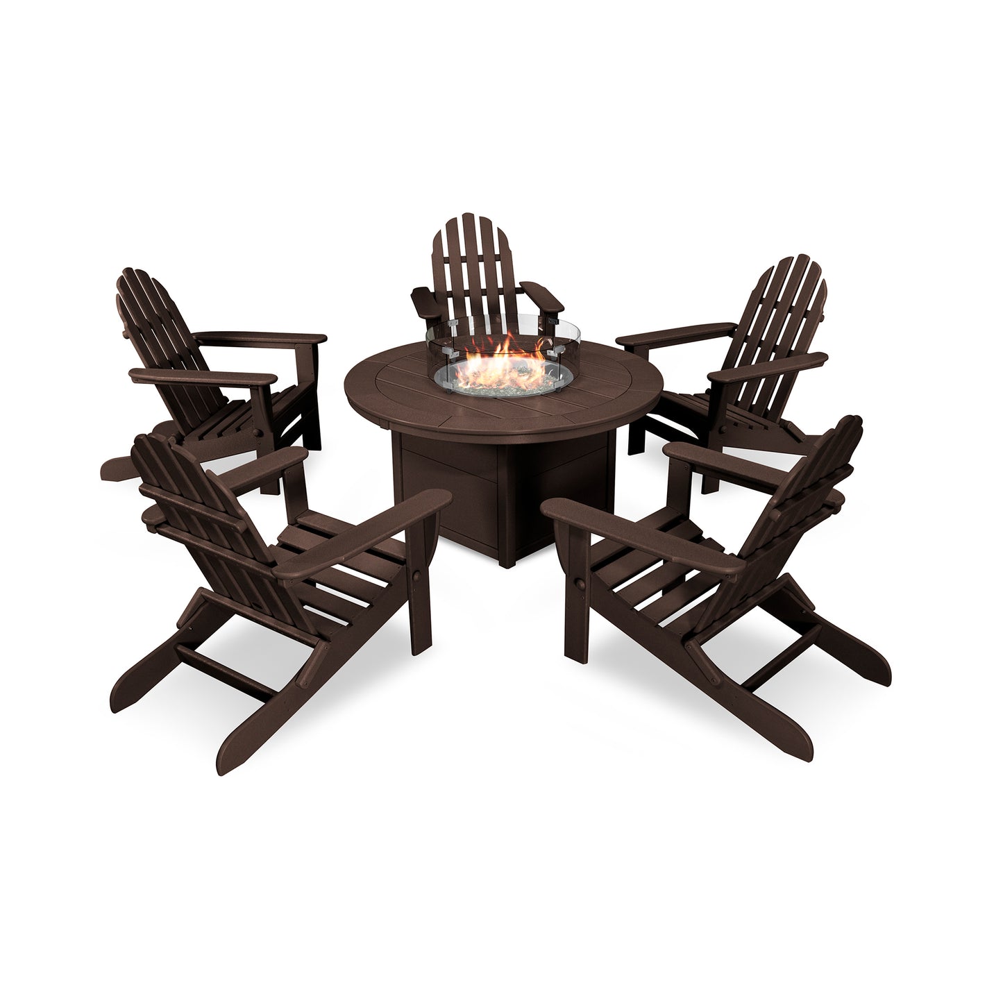 POLYWOOD Classic Folding Adirondack 6-Piece Set with Fire Pit Table featuring comfortable and stylish American-made outdoor furniture.
