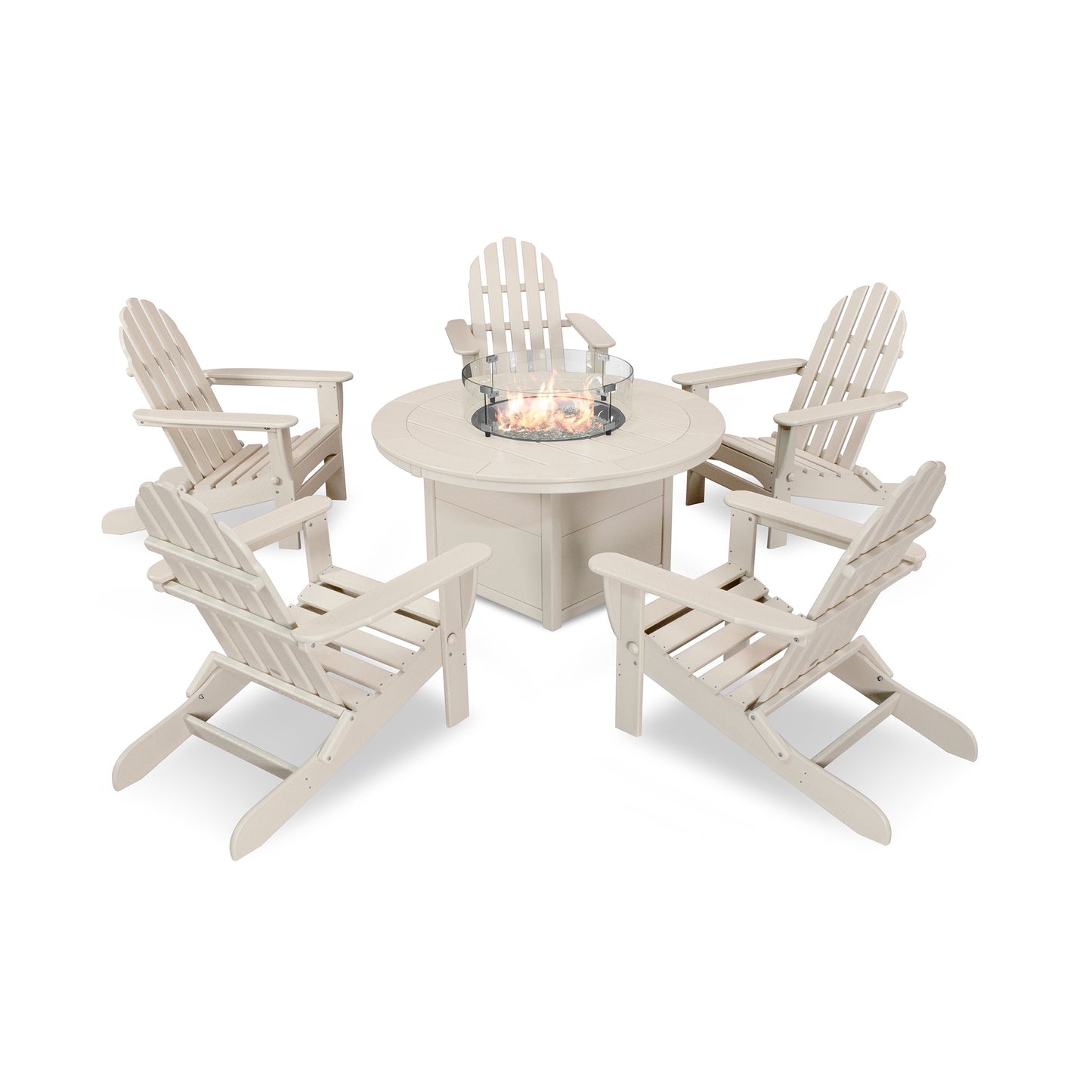 Four white POLYWOOD Classic Folding Adirondack chairs surrounding a round fire pit table.