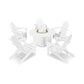 A set of four white POLYWOOD Classic Folding Adirondack chairs arranged around a small, round fire pit table on a plain white background.