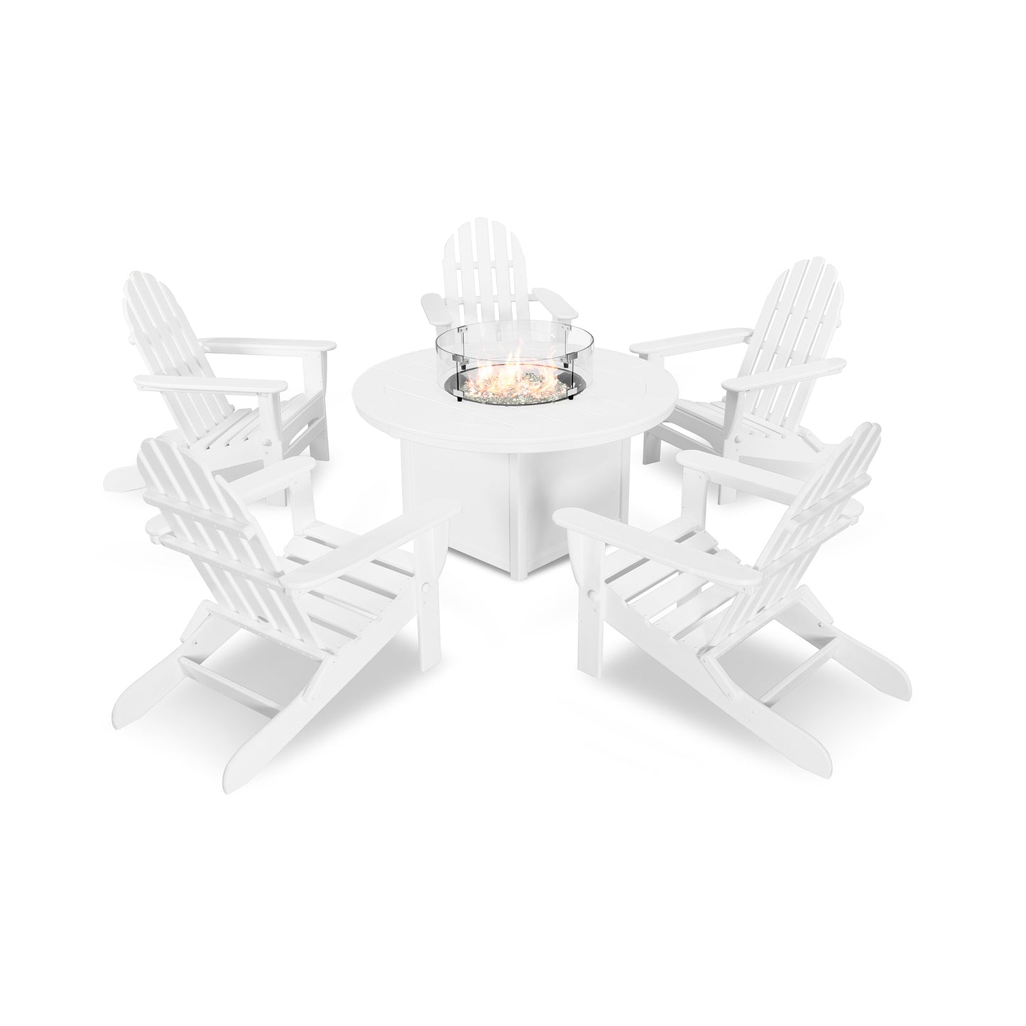 POLYWOOD Classic Folding Adirondack set with Fire Pit Table and glass wind guard, showcasing five chairs elegantly arranged around a glowing fire.