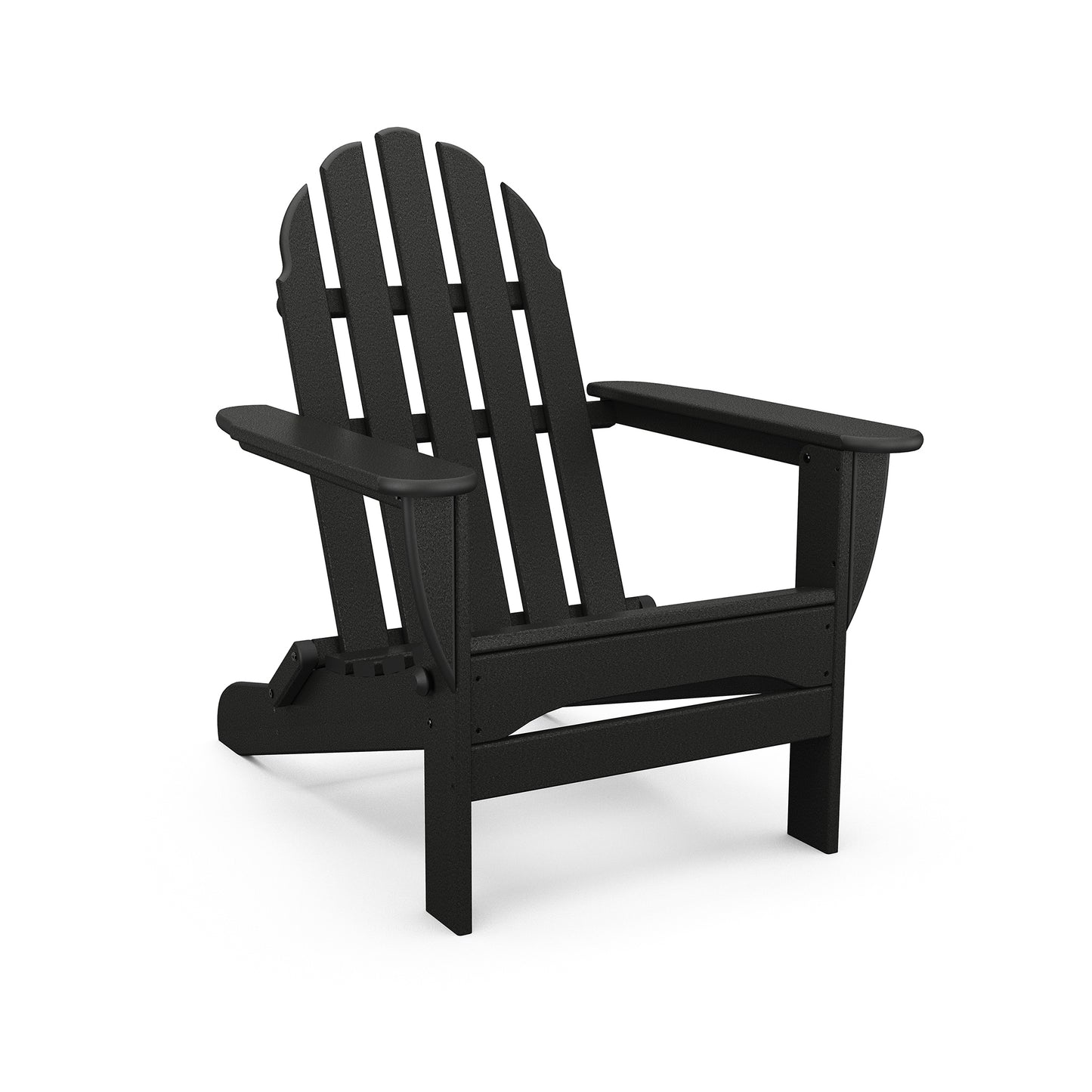 Black POLYWOOD Classic Folding Adirondack Chair made from recycled plastic with a slatted back and wide armrests.