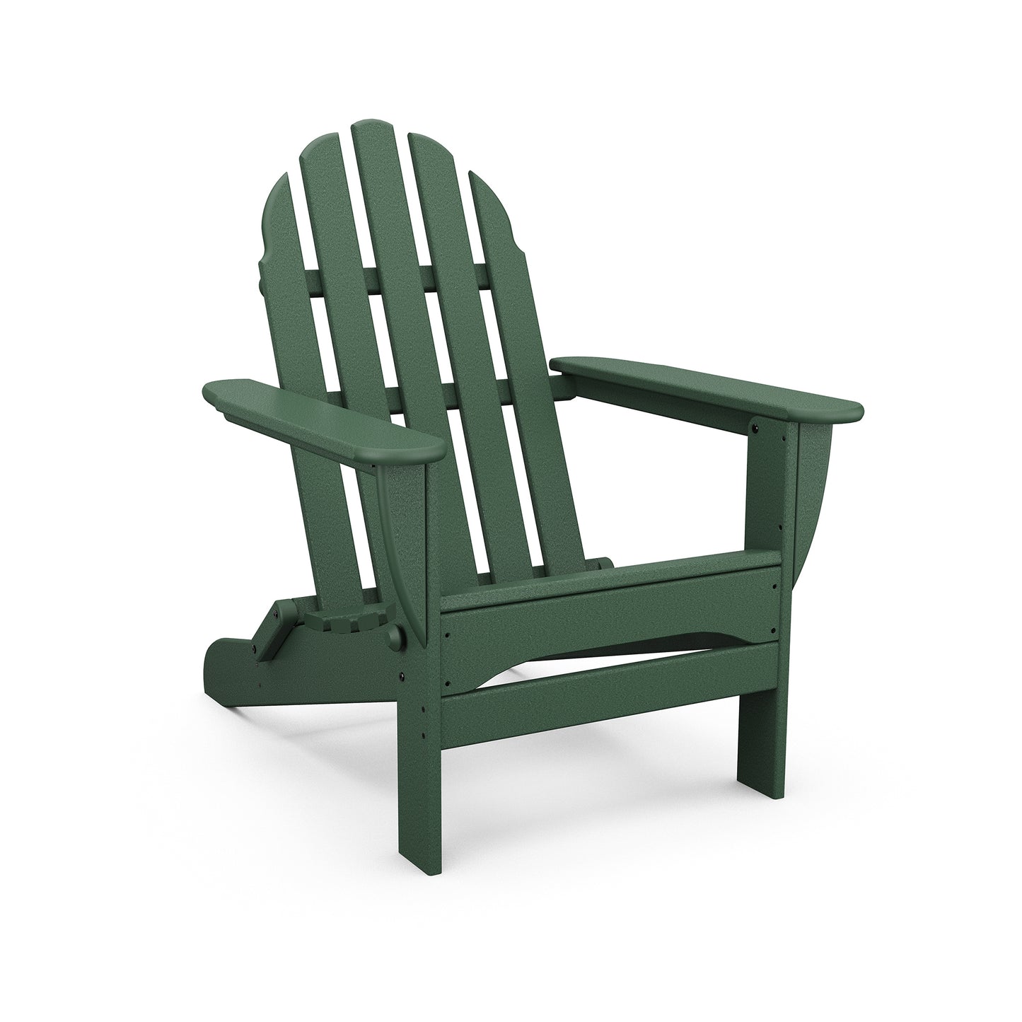 A dark green POLYWOOD Classic Folding Adirondack chair isolated on a white background, featuring a slatted back and seat with wide armrests.
