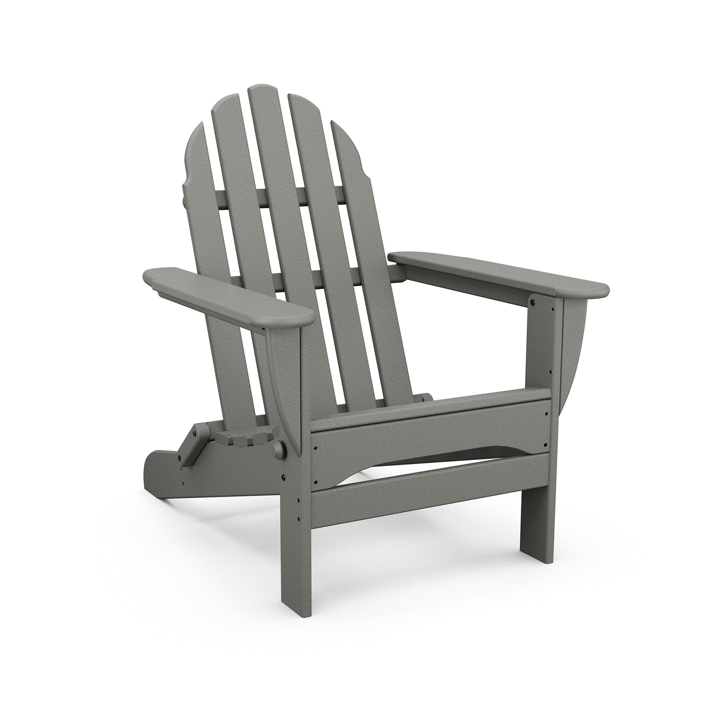 A gray POLYWOOD Classic Folding Adirondack chair made of plastic, shown in a profile view on a white background. The chair features a typical slatted back and seat design with wide armrests.