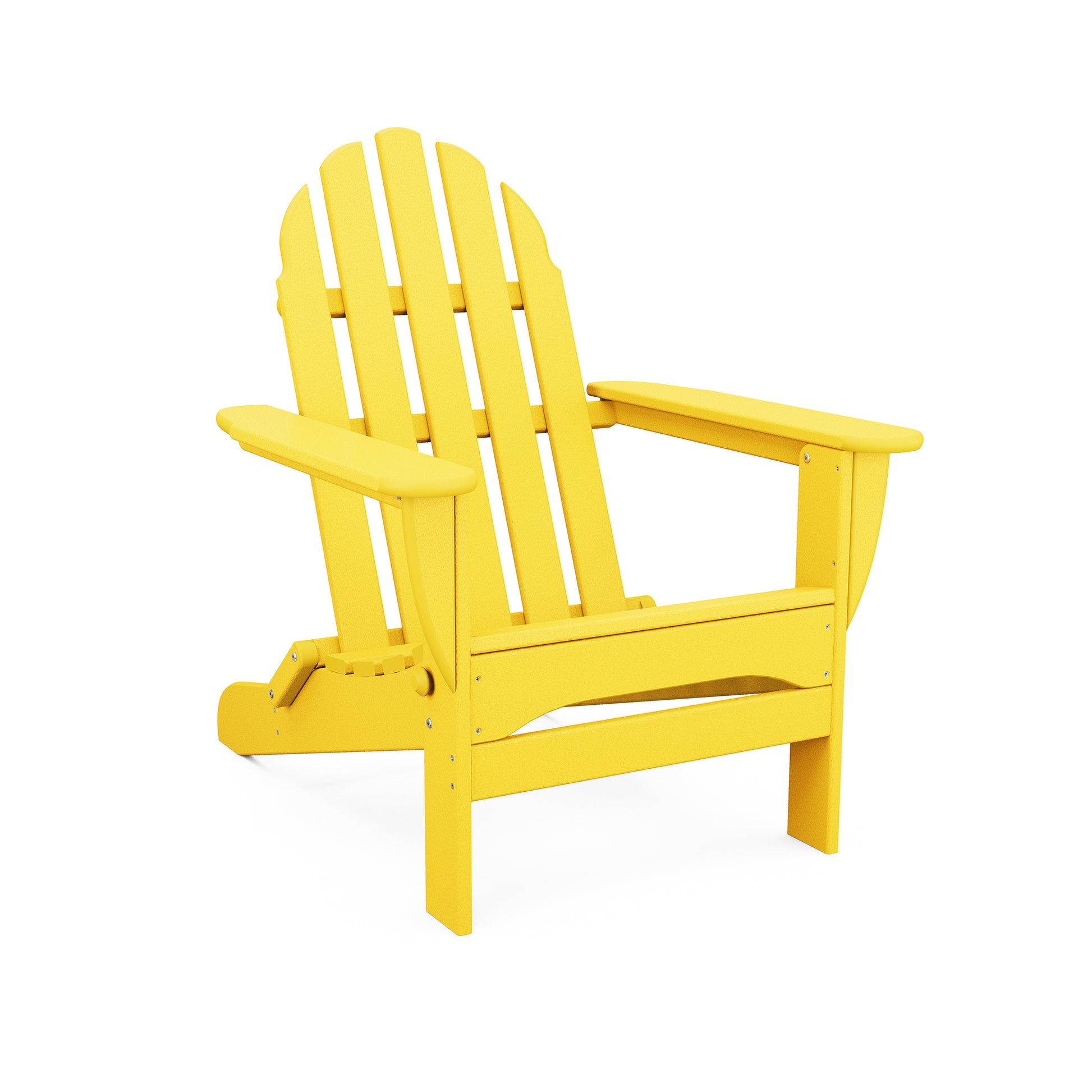 A vibrant yellow POLYWOOD® Classic Folding Adirondack chair isolated on a white background, highlighting its slatted back and wide armrests.