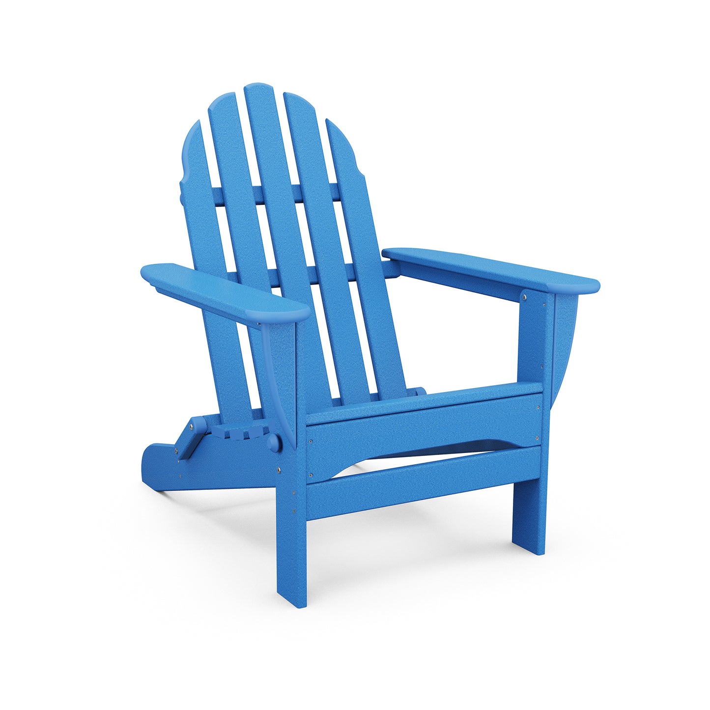 Blue POLYWOOD Classic Folding Adirondack Chair made of recycled plastic with a slatted backrest and wide armrests.
