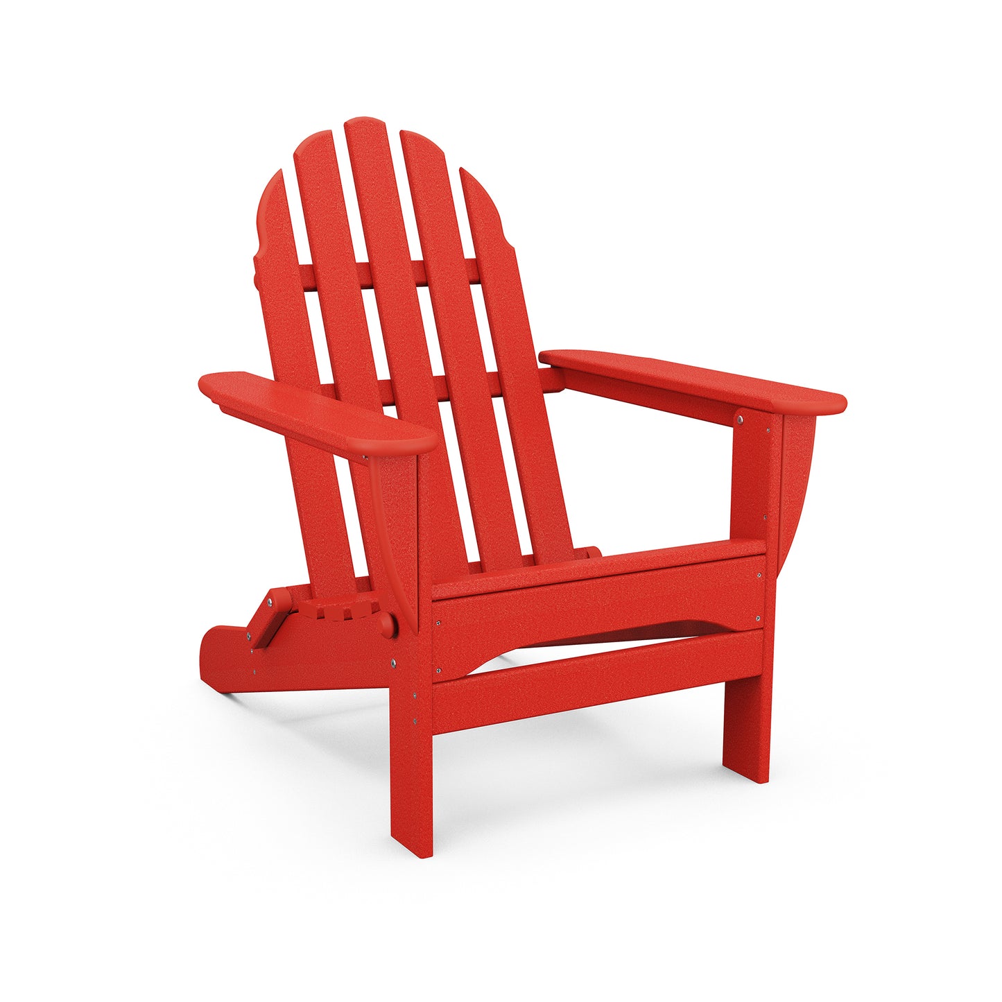 Red POLYWOOD Classic Folding Adirondack Chair with wide armrests and slatted backrest made from recycled plastic.