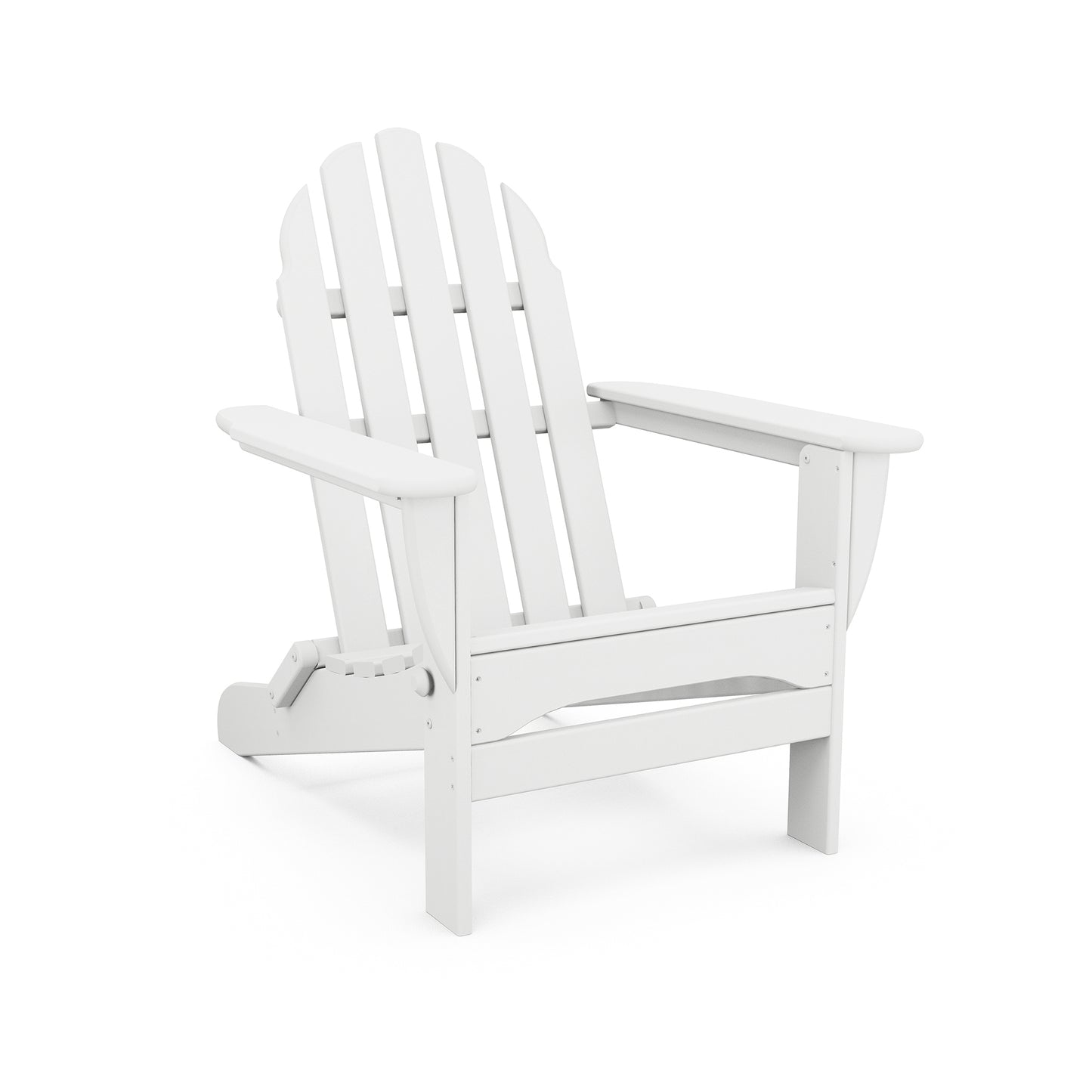 A plain white POLYWOOD® Classic Folding Adirondack chair set against a seamless white background, showcasing its slatted design and wide armrests.