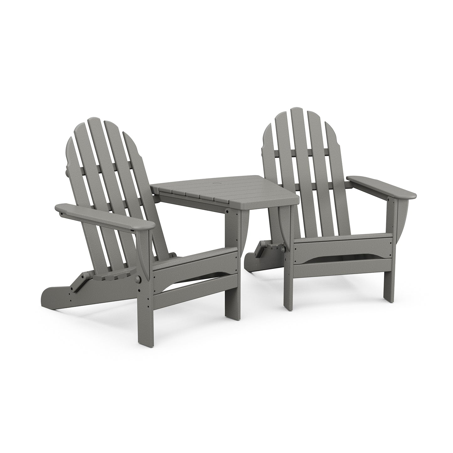 POLYWOOD Classic Folding Adirondacks with connecting table on white background.