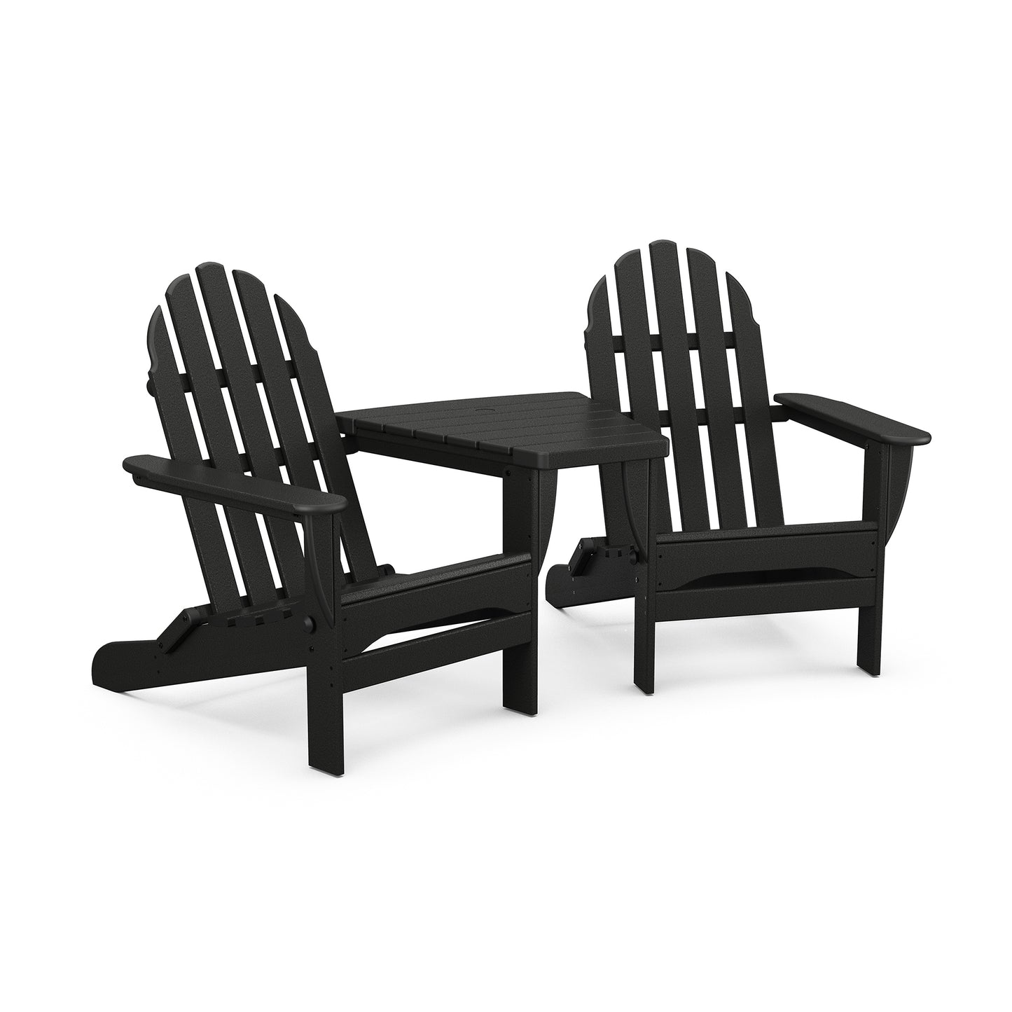 Two connected black POLYWOOD Classic Folding Adirondack chairs with a central table for stylish outdoor seating.