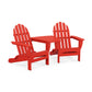 Two red POLYWOOD Classic Folding Adirondack chairs with Connecting Table, displayed against a plain white background.