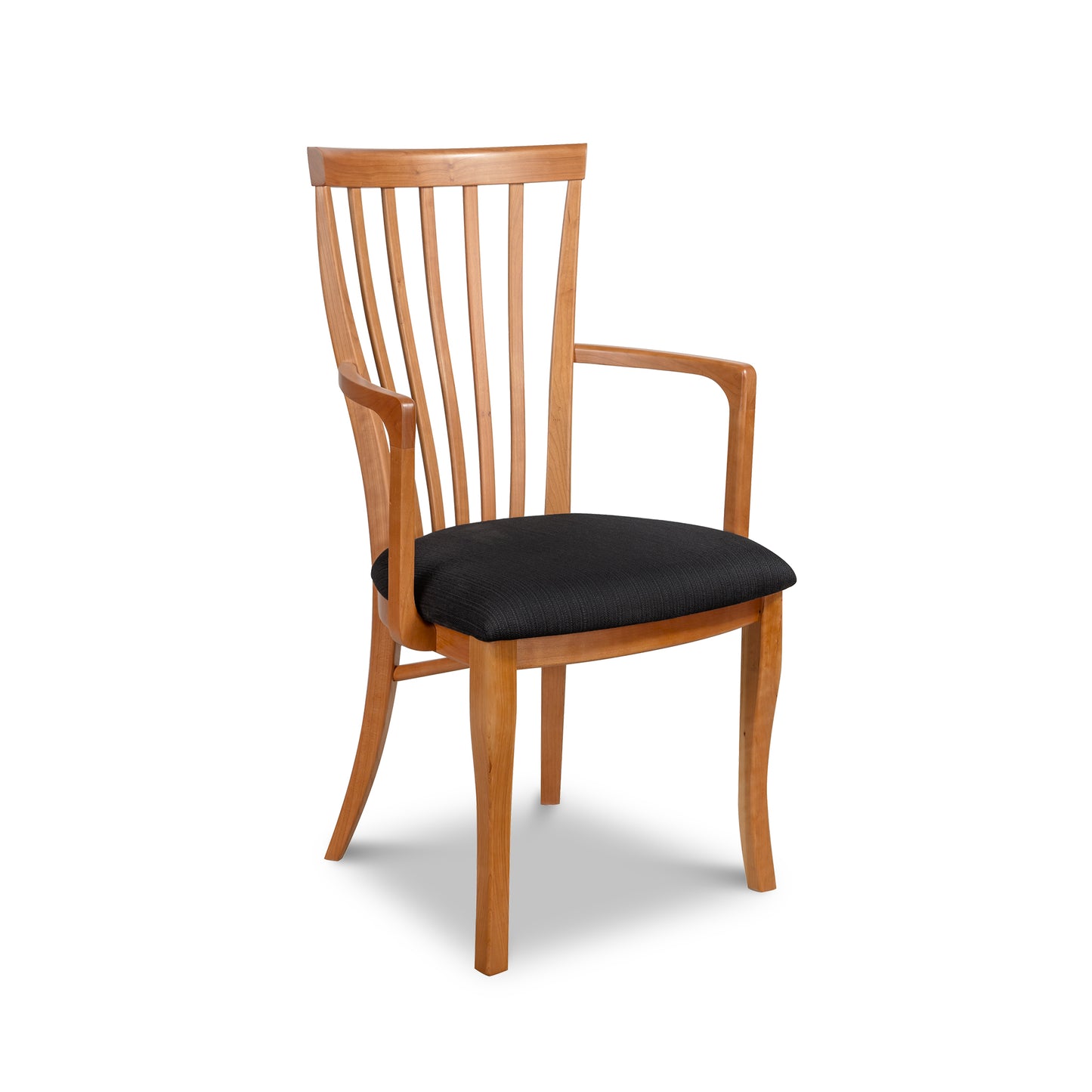 Classic Shaker Chair #1 by Lyndon Furniture with slatted backrest, cushioned black seat, armrests in sustainable wood.
