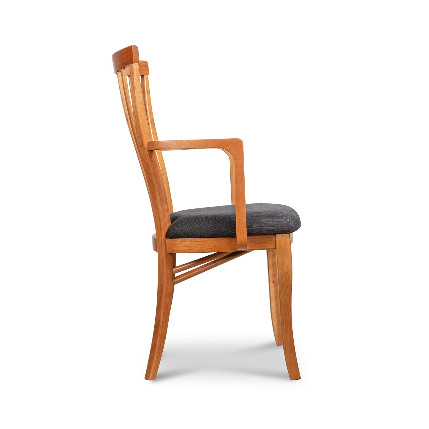 Lyndon Furniture Classic Shaker Arm Chair with dark cushioned seat, armrests, and slatted back, handcrafted in Vermont.