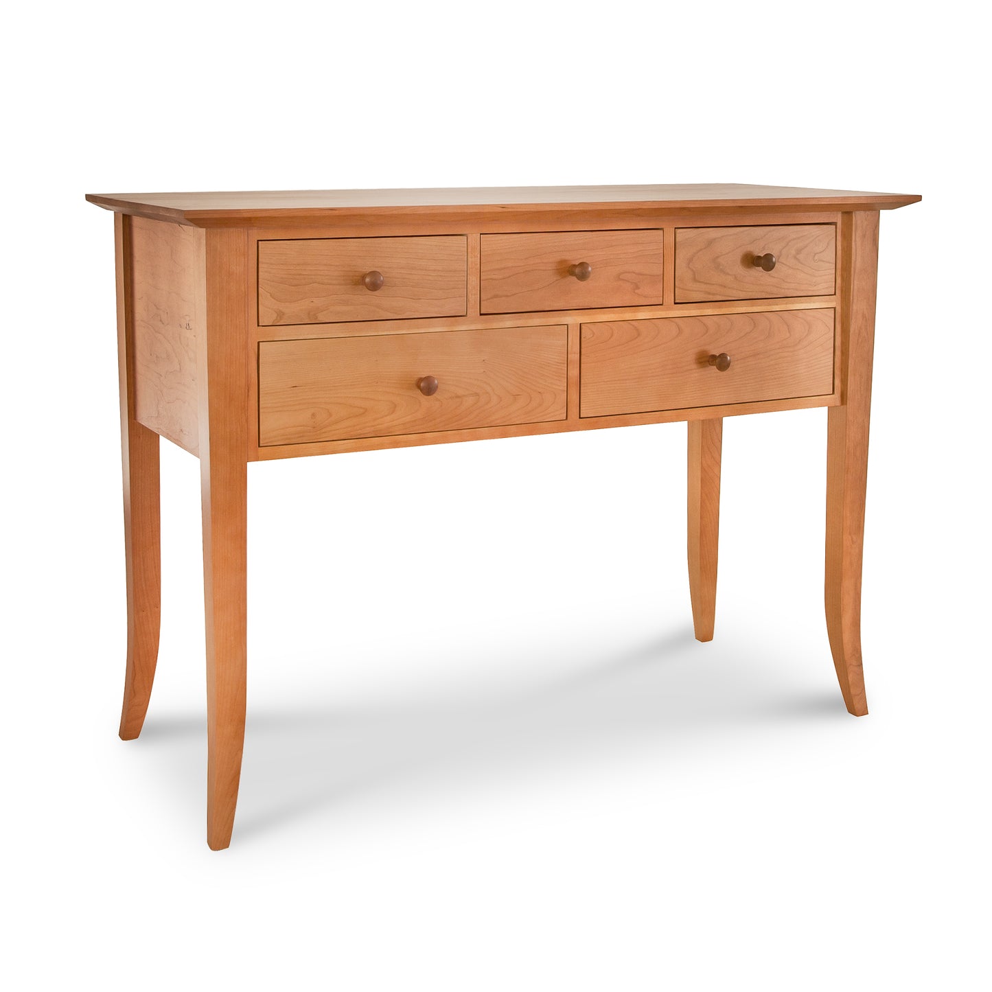 Lyndon Furniture Classic Shaker Flare Leg 48" Hunt Board with five drawers and a light wood finish, showcasing elegant craftsmanship.