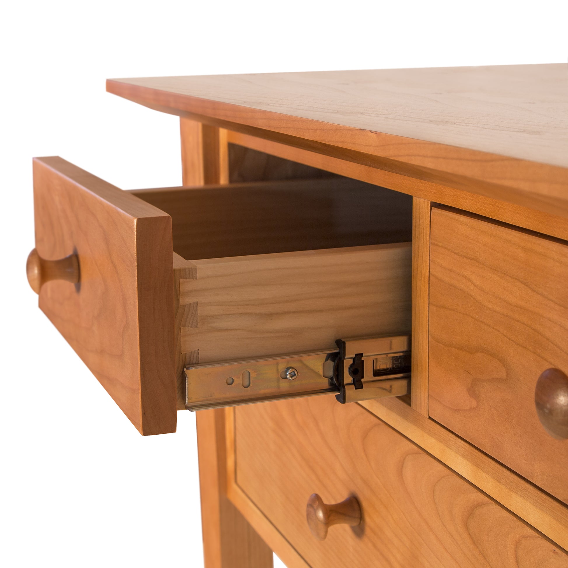 Lyndon Furniture Classic Shaker Flare Leg 48" Hunt Board shown with top drawer open, highlighting high-quality construction and smooth metal drawer slides.