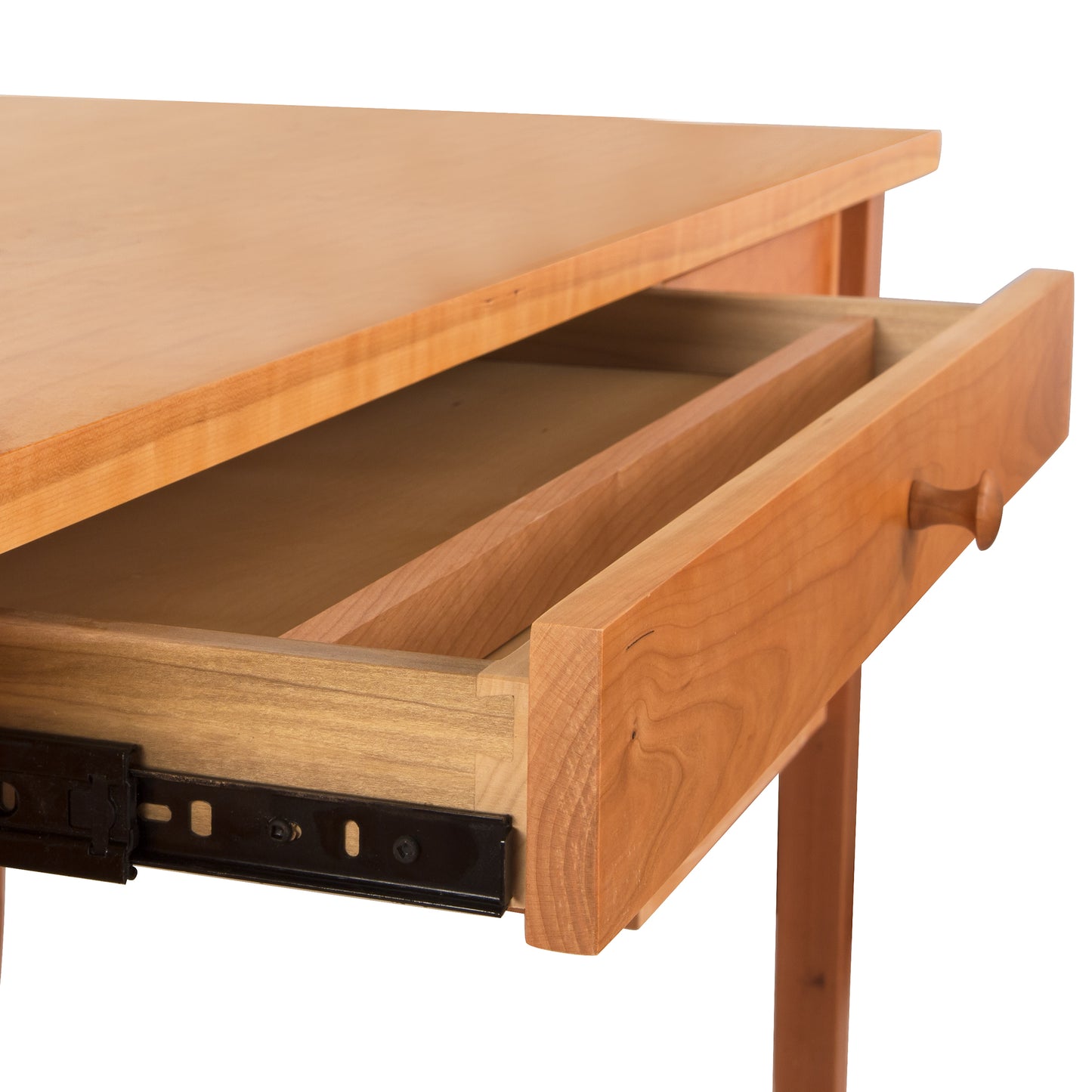 Lyndon Furniture Large Flare Leg Executive Desk in solid wood, showcasing a single drawer with round wooden handle and clean, minimalist design.