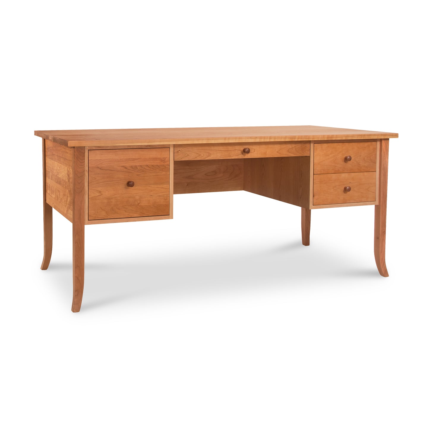Lyndon Furniture Large Wood Flare Leg Executive Desk with four spacious drawers and distinctive flared legs, handcrafted from sustainable hardwood.