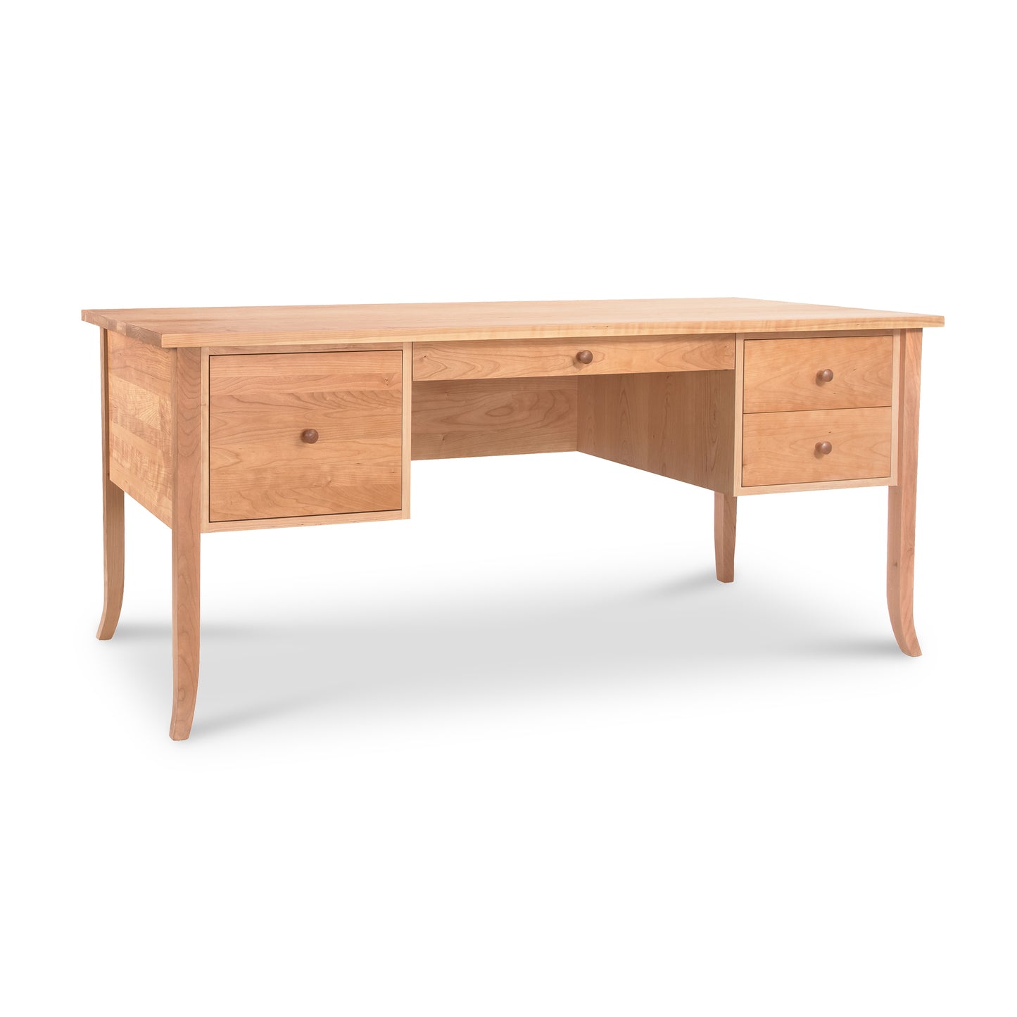 Lyndon Furniture Large Flare Leg Executive Desk in natural wood with four drawers and sleek, modern lines.