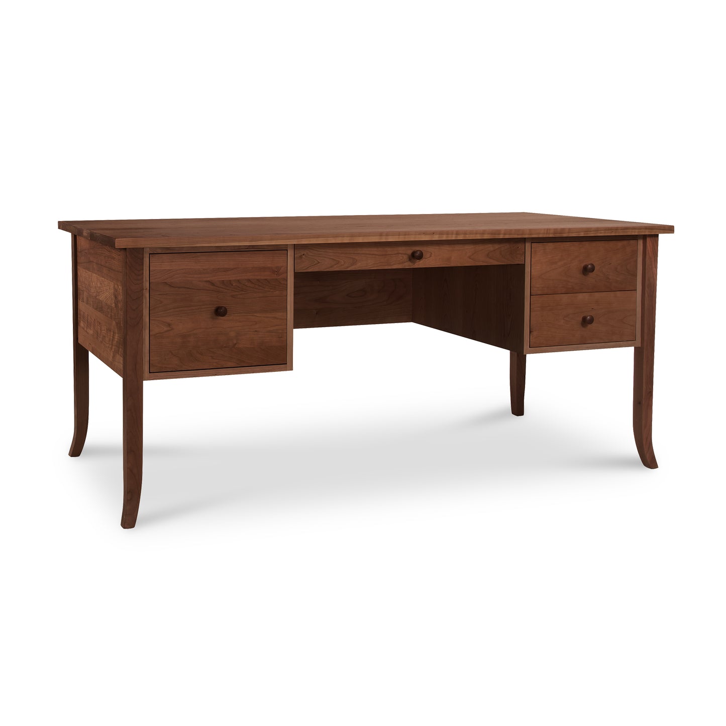 Large Wood Flare Leg Executive Desk by Lyndon Furniture, crafted from sustainable wood with four drawers and a central shallow drawer, showcasing elegant craftsmanship.