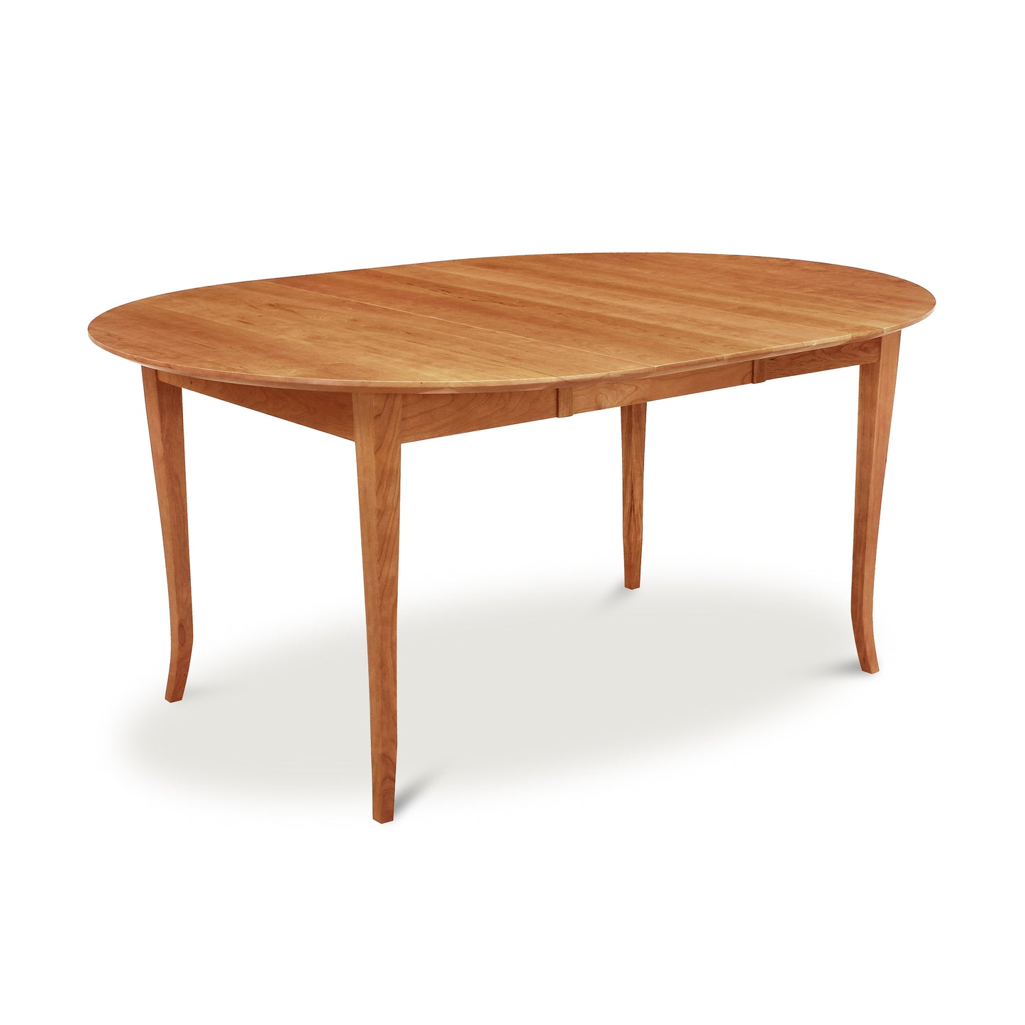 Handmade in Vermont, this Lyndon Furniture Classic Shaker Flare Leg Round Extension Table showcases sustainable furniture with its oval wooden top and legs.