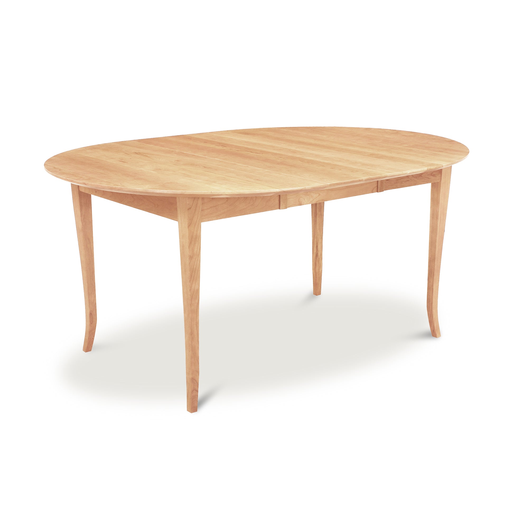 A sustainable Classic Shaker Flare Leg Round Extension Table with a wooden base, handmade in Vermont by Lyndon Furniture.