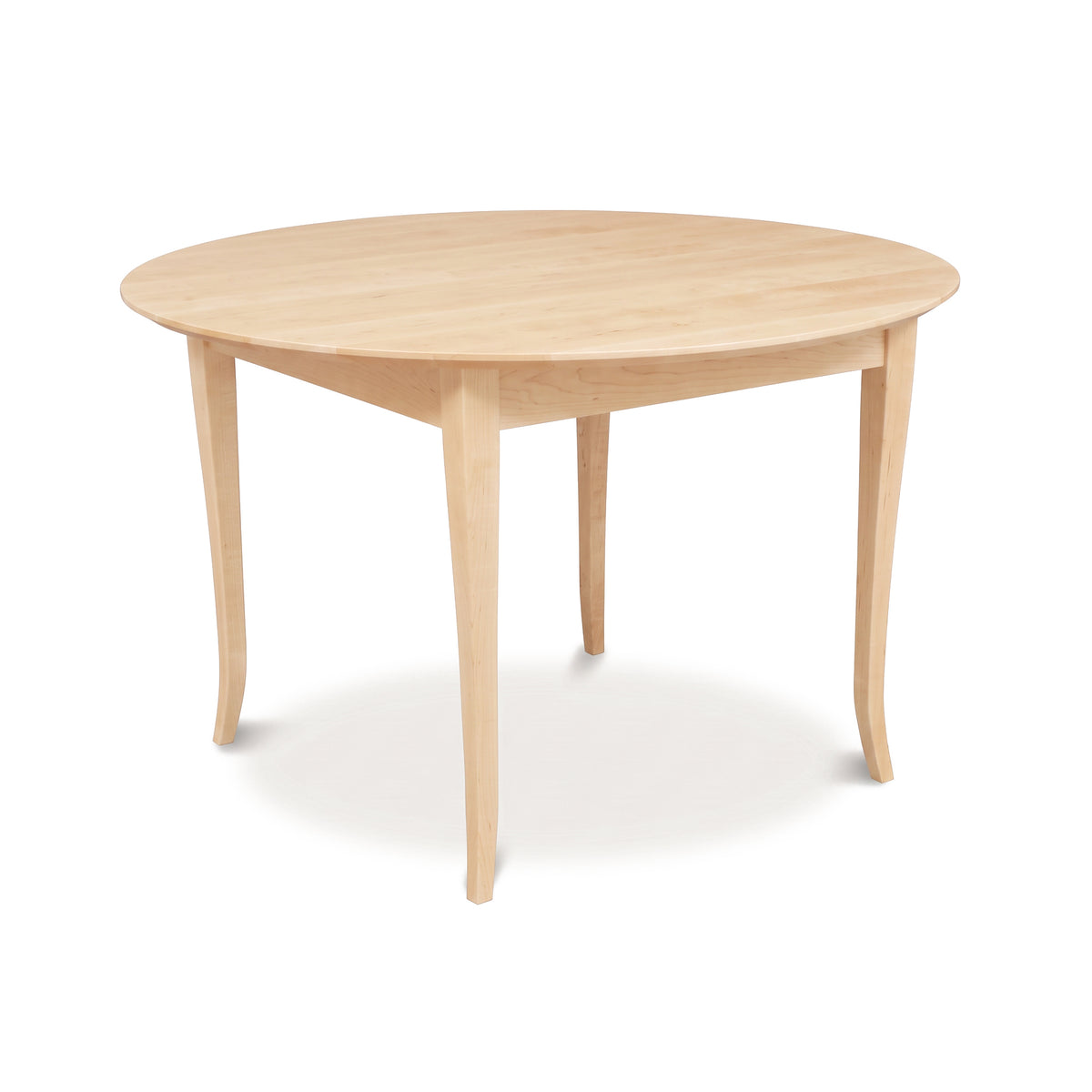 Lyndon Furniture Classic Shaker Flare Leg Round Solid Top Table crafted from solid hardwoods, showcasing elegant curves and expert craftsmanship.